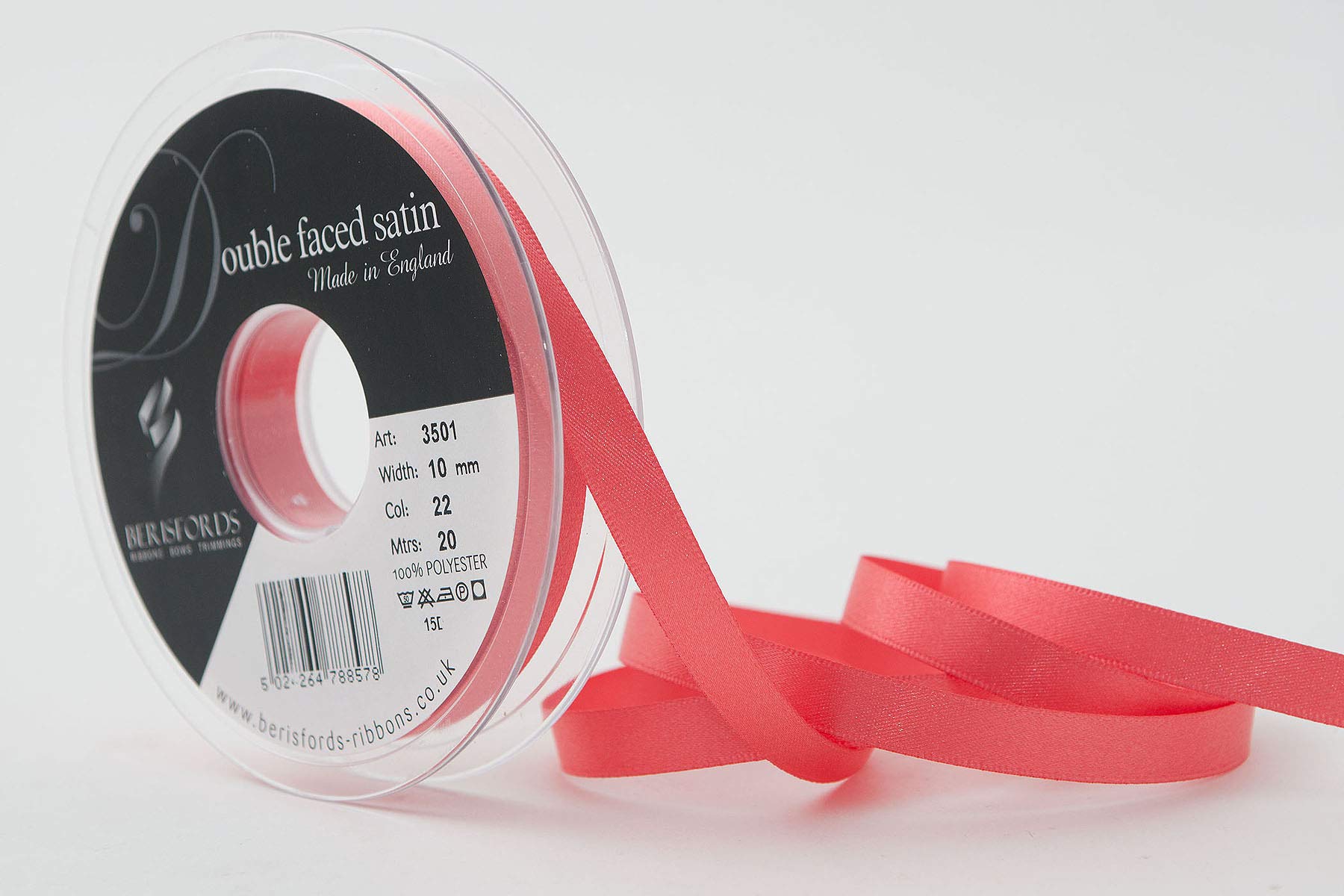 Berisfords Satin Ribbon, Coral, 10 mm, 20m