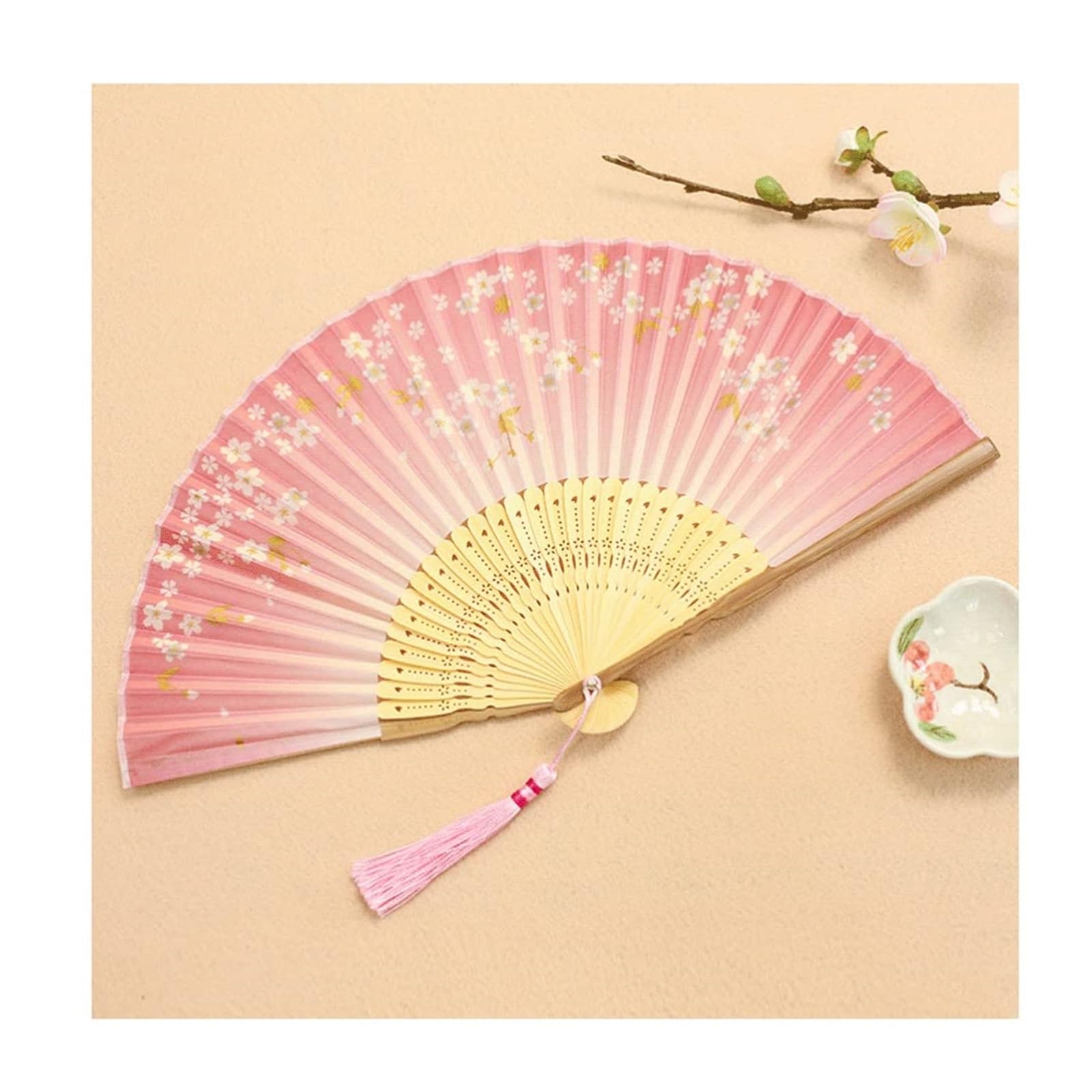 Folding Fans Silk Handheld Floral Hand Held Pink Folded Fan With Tassel Wedding Party Gift (pink B) B One Size)