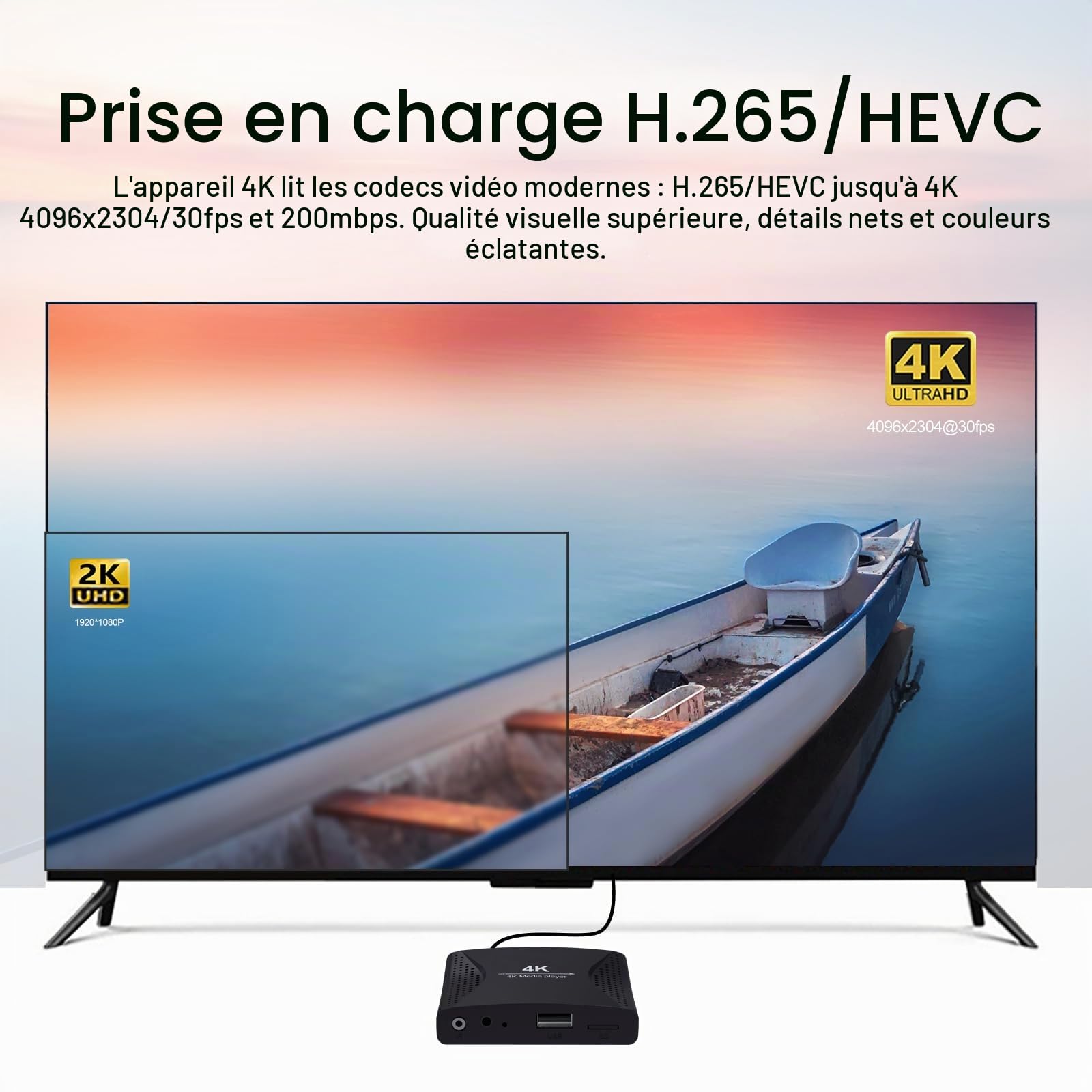 ZUMKUNM Lecteur multimédia numérique Ultra HD 4K pour lecteurs USB et Cartes MicroSD, Affichage numérique, H.265,H.264/AVC MP4 MKV Vidéos MP3 Music JPG Photos, 4K HDMI,Lecture et Sortie de Voiture