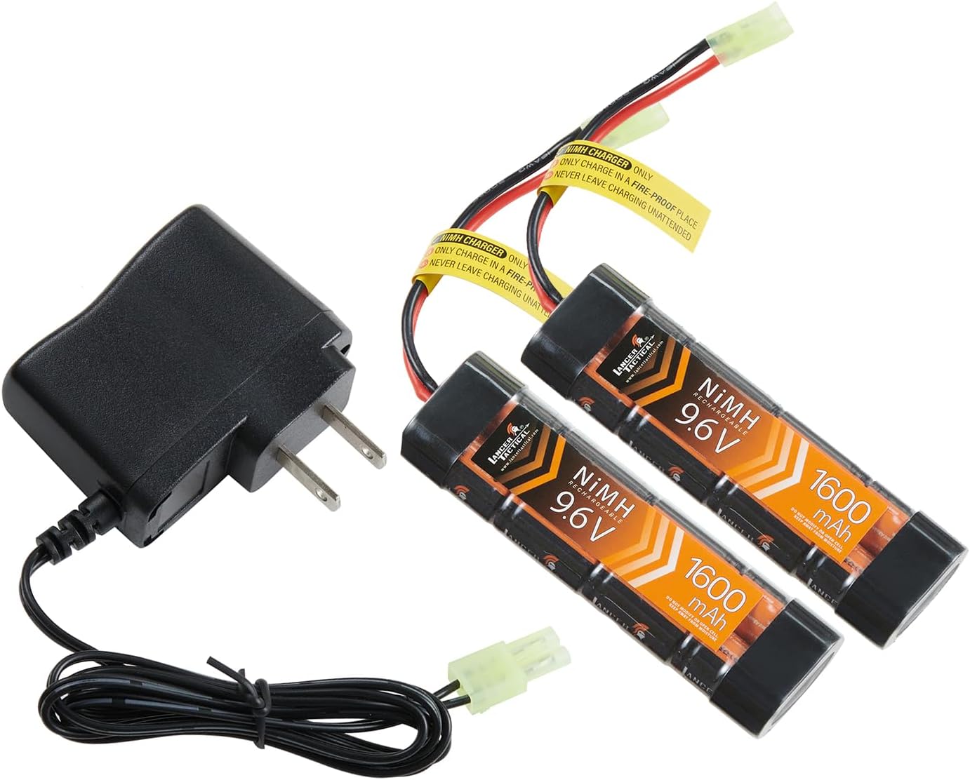 Lancer Tactical Two Pack of Airsoft 9.6V NiMH Brick Battery Pack with RC Battery Standard Charger (Tamiya, 1600mAh)