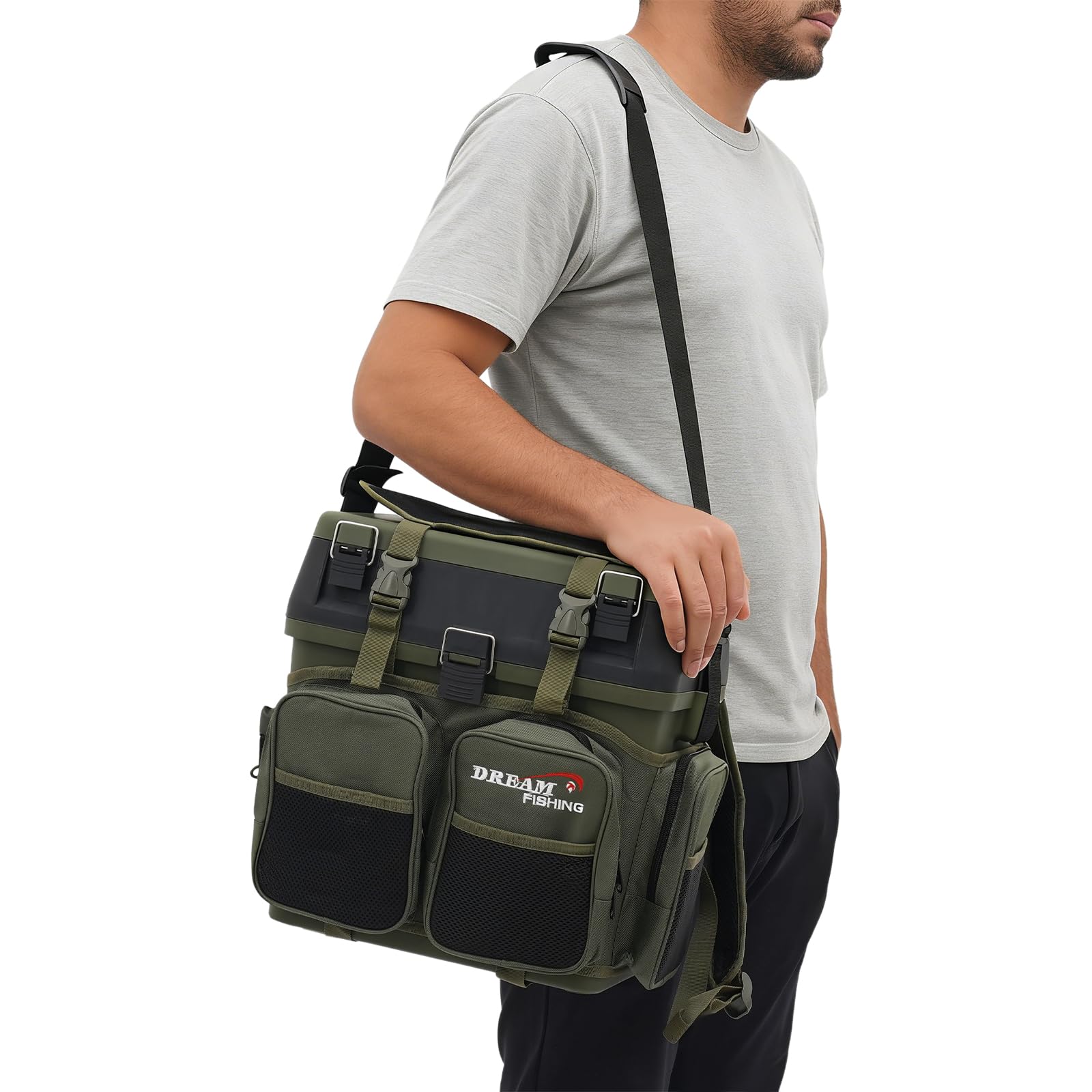 Maletín de pesca y mochila de pesca, 4 cajas (verde militar)