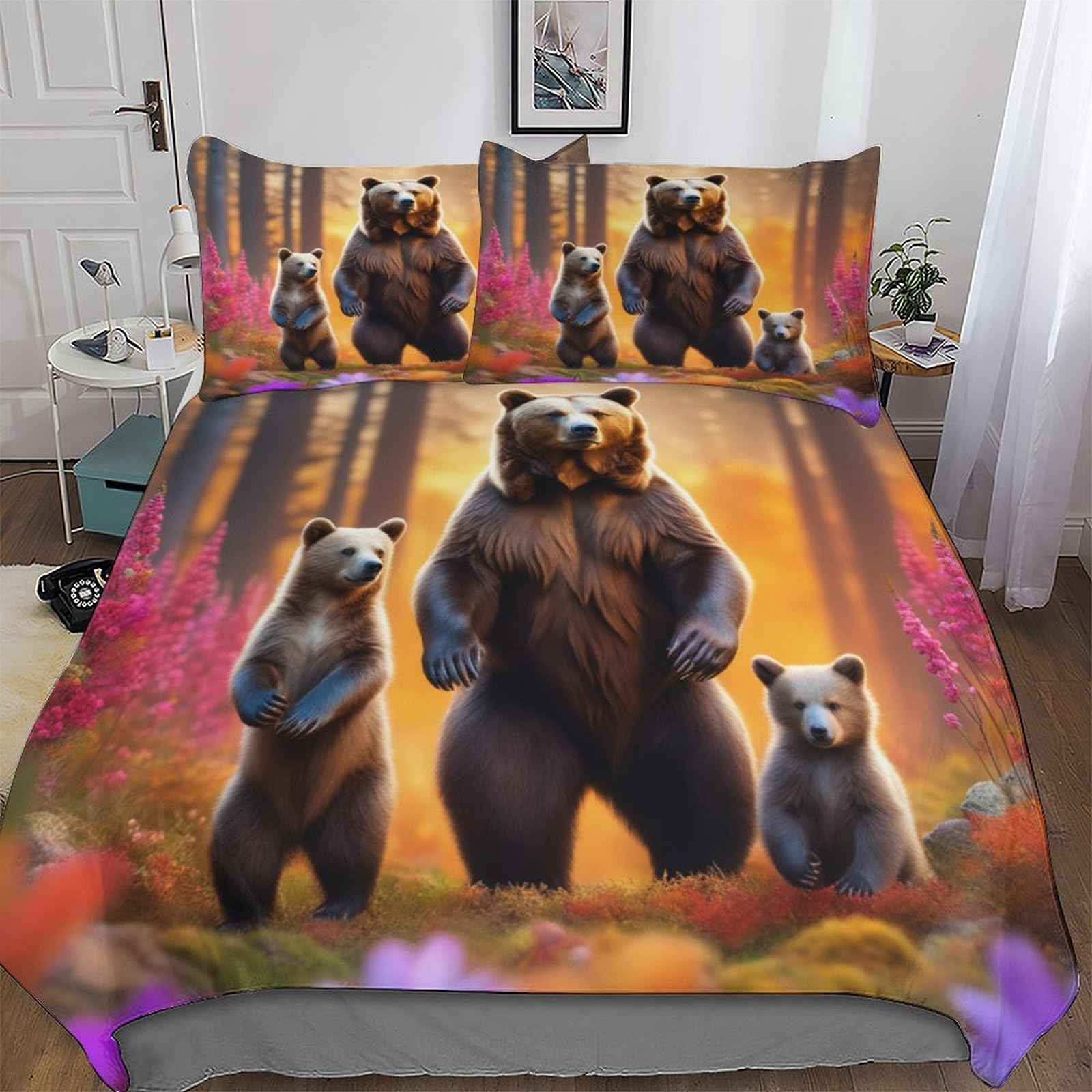 Housse de couette ours 3D 3 pièces linge de lit double 200x200 microfibre drap housse