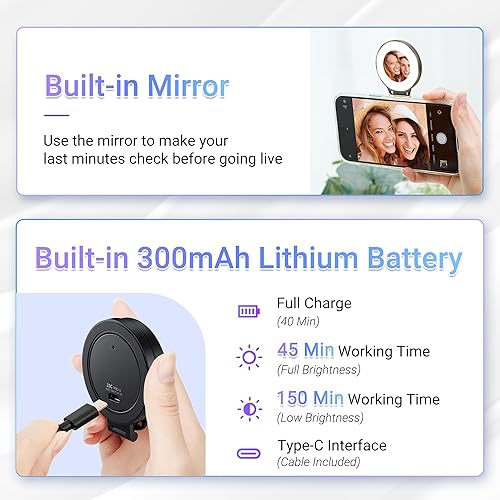 Miniatura 14 de JJC Anillo de luz magnética para selfie, luz recargable para teléfono celular con 3 modos de luz/3 niveles de brillo, 180 abatibles y diseño