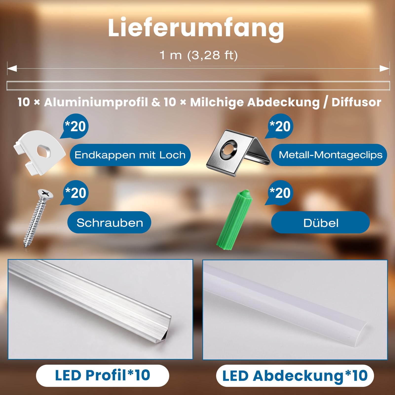 Zestaw 10 profili aluminiowych LED, srebrny kanał aluminiowy LED w kształcie litery U z mlecznobiałą pokrywą, zaślepkami i klipsami montażowymi, aluminiowy profil wytłaczany do taśm LED V02