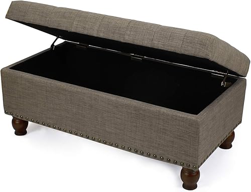 Miniatura 29 de Adeco Otomana de almacenamiento, banco tapizado rectangular de piel sintética con patas de madera, reposapiés, mesa de café para sala de estar,