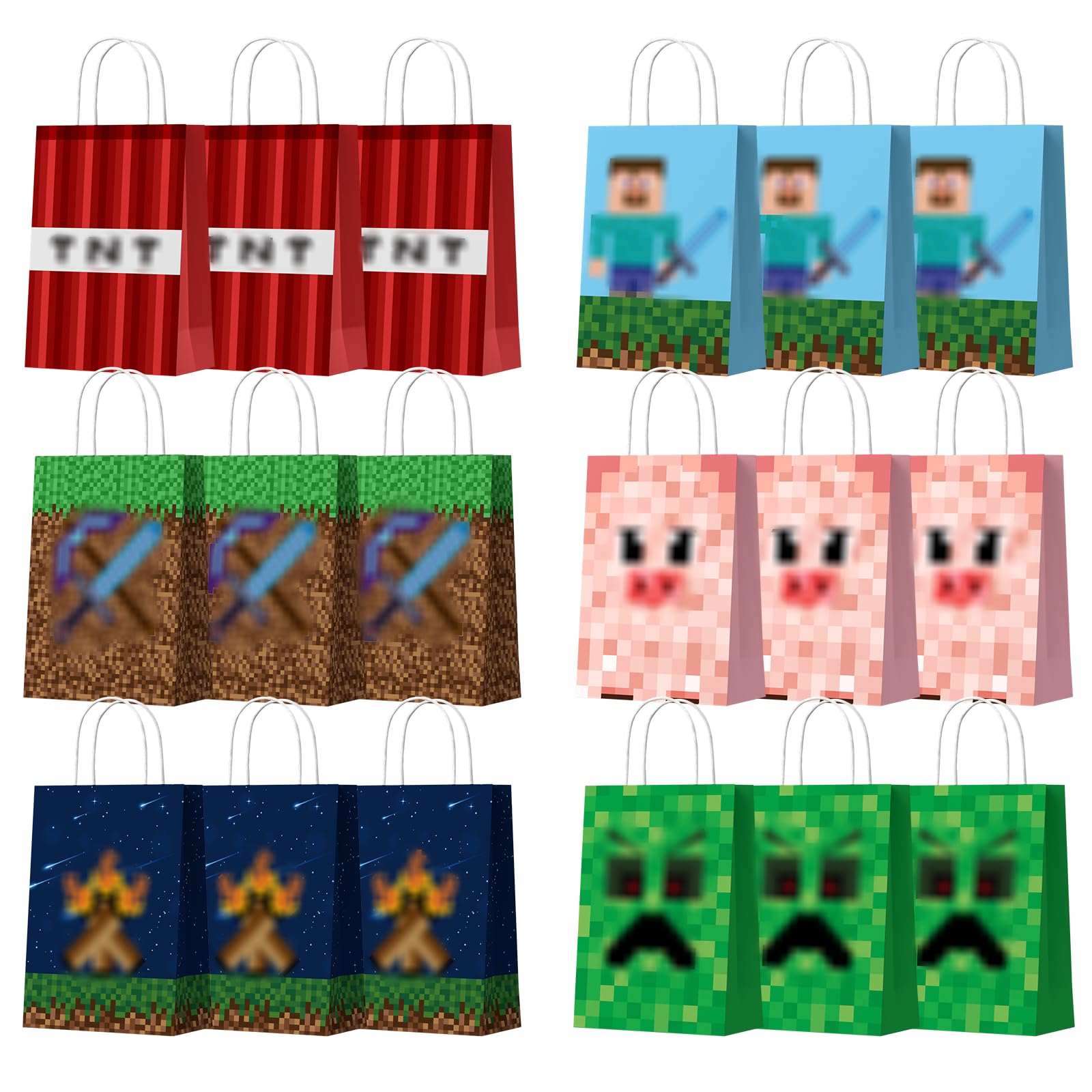 EARTH'SCODE 18PCS Pixel Party Favor Bags with Handles,4PCS Pixel Temporary Tattoos Stickers, Video Game Themed Goodie Bags, Treat Candy Gift Bags for Birthday Gaming Party Decorations Supplies Set
