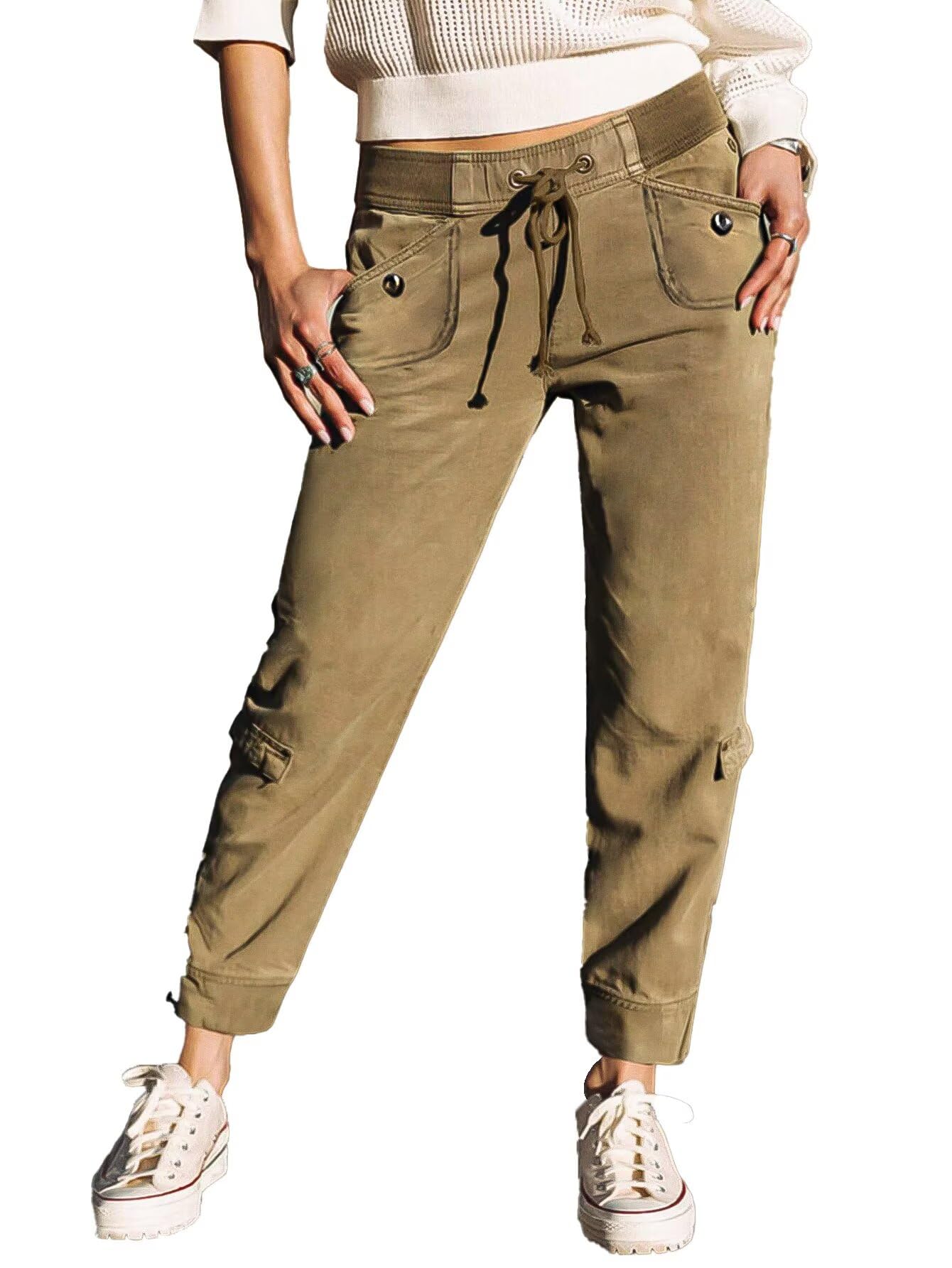 Flamingals Drawstring Straight Leg Khaki Pants for Women Mid Rise Seam Front Tapered Leg Pants with Cargo Pockets