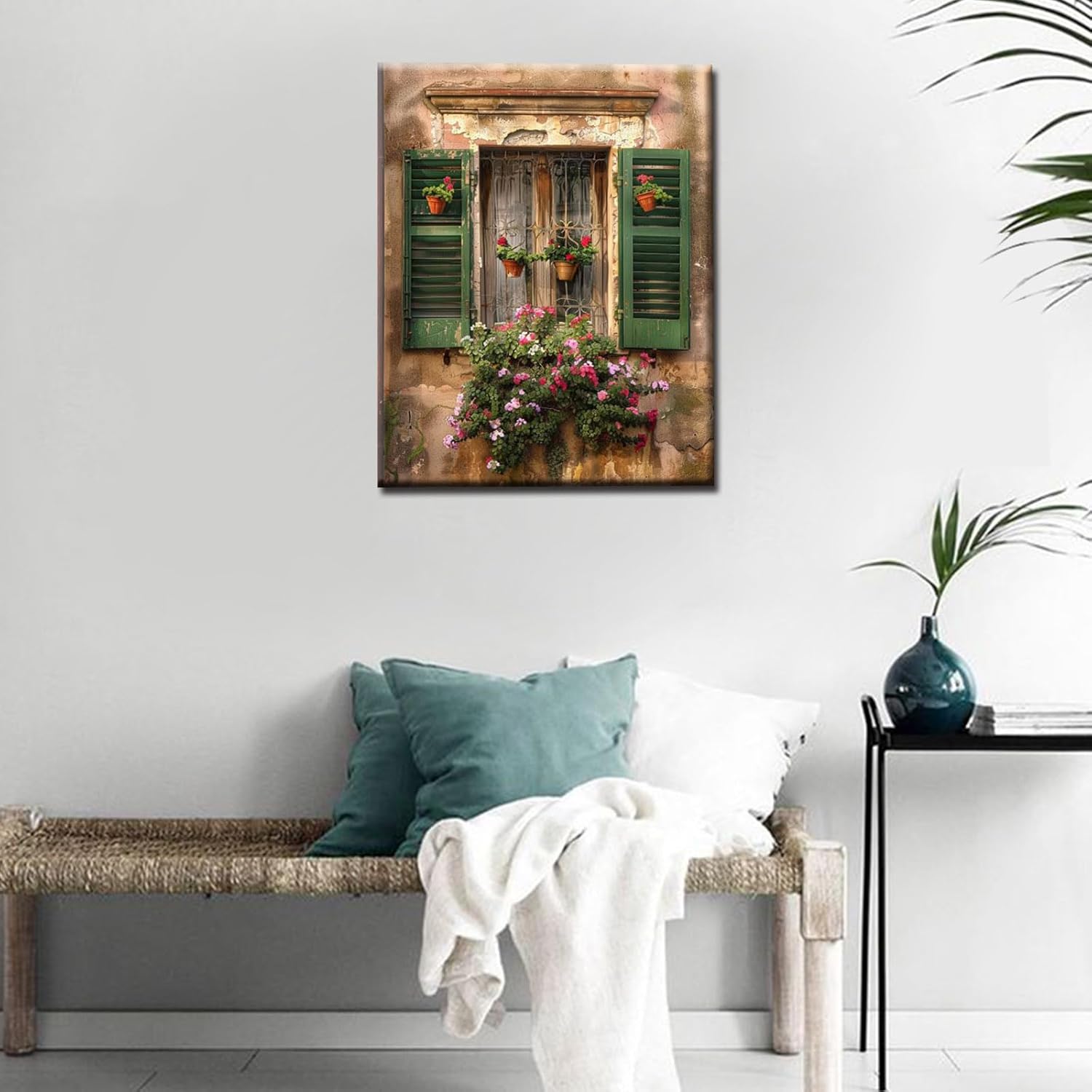 Italian Town Artwork Paint by Numbers DIY Easy Canvas Oil Painting Kits for Adults Kids Green Window Flowers Acrylic Watercolor Paint Kits Home Room Wall Art Decor Gift 16''W x 20''H(Manual Frame)