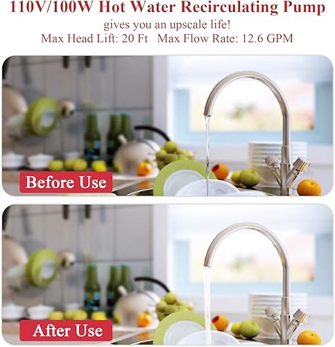 Miniatura 4 de WiseWater Bomba de recirculación de agua caliente de acero inoxidable 304, 3 velocidades con adaptadores NPT de 34 pulgadas, bomba de refuerzo de