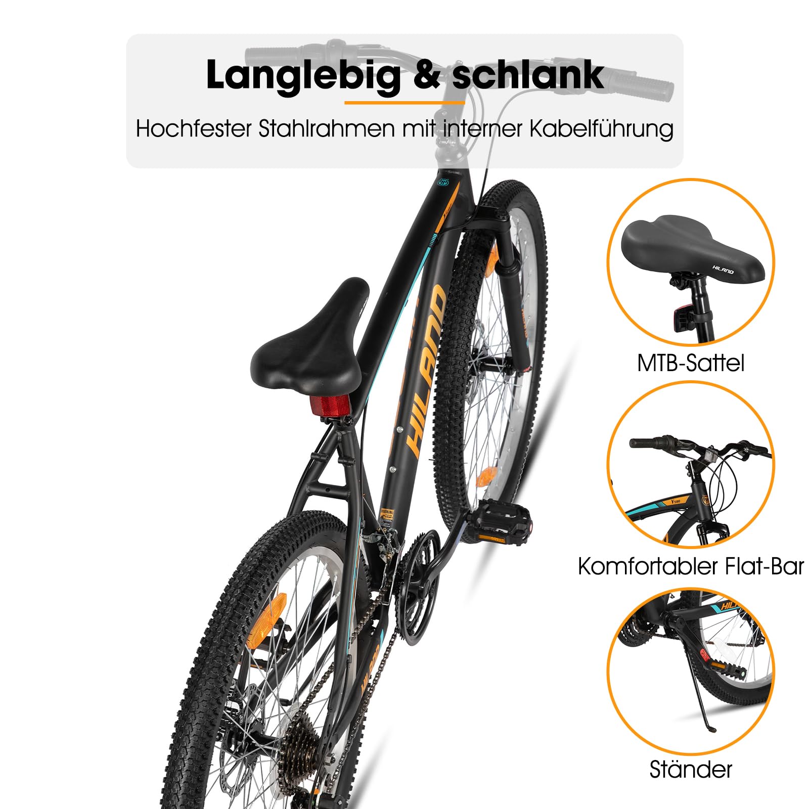 Hiland Mountainbike 26/27,5 Zoll, 18 Gang Herren und Damen MTB mit Doppelte Scheibenbremsen, 26 Zoll Mountainbike für Erwachsene mit Federgabel, MTB für Männer und Frauen, Orange/Gelb