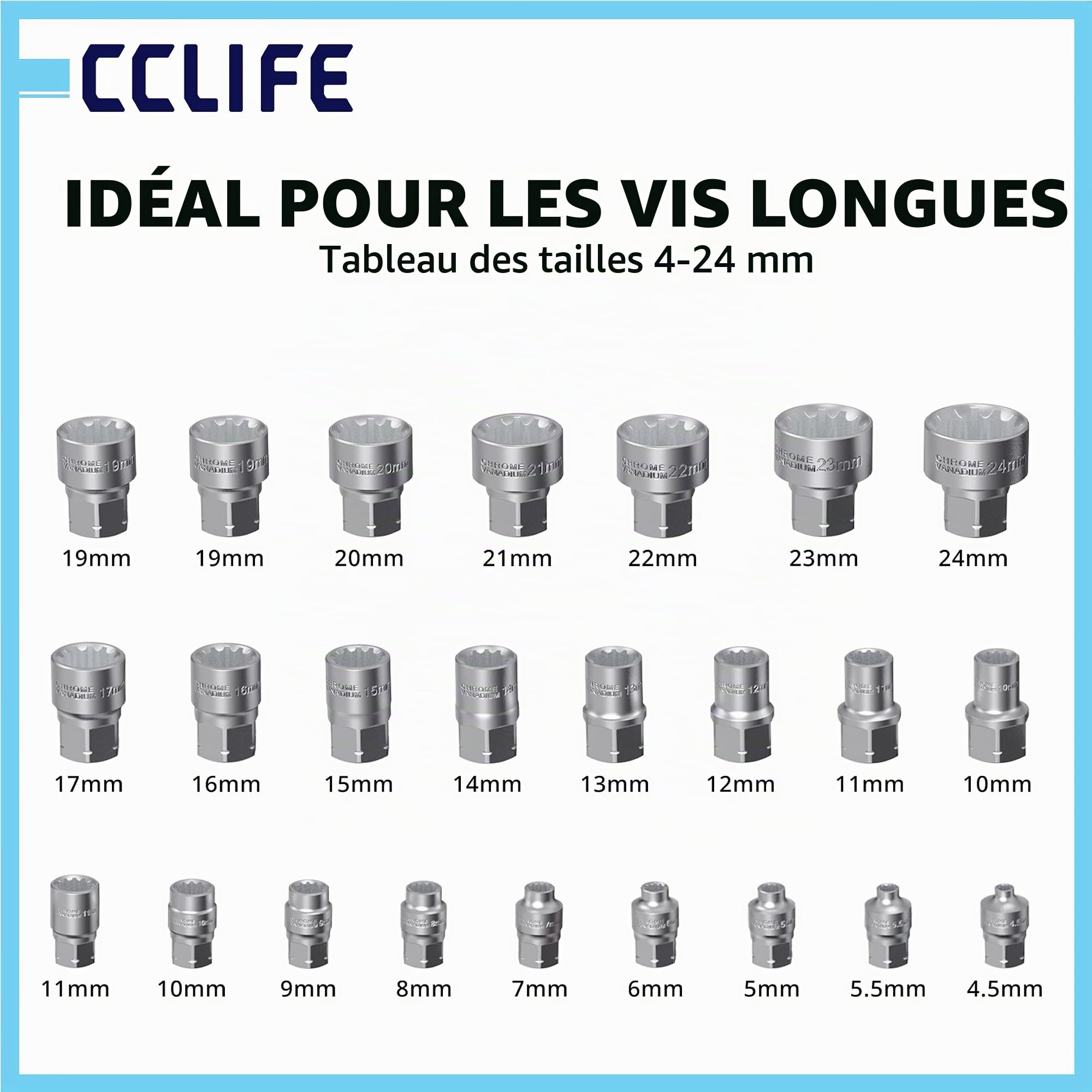 CCLIFE Jeu de clés à douille 47 pièces 4-24 mm | Design traversé | Barres filetées et boulons | Adaptateur 1/4" 3/8" 1/2" | Acier CrV | Embouts | Mallette
