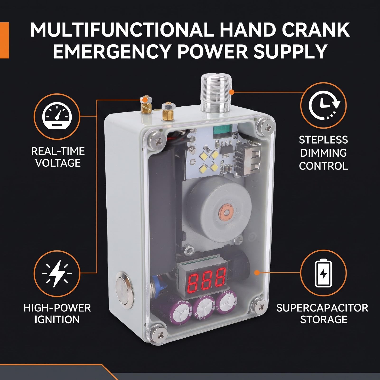 Sopravvivenza Al Generatore a Manovella di Emergenza 5 in 1 | con Memoria Supercondensatore Caricatore USB COB Luce da Campeggio e Strumento di Accensione per Interruzione di Corrente