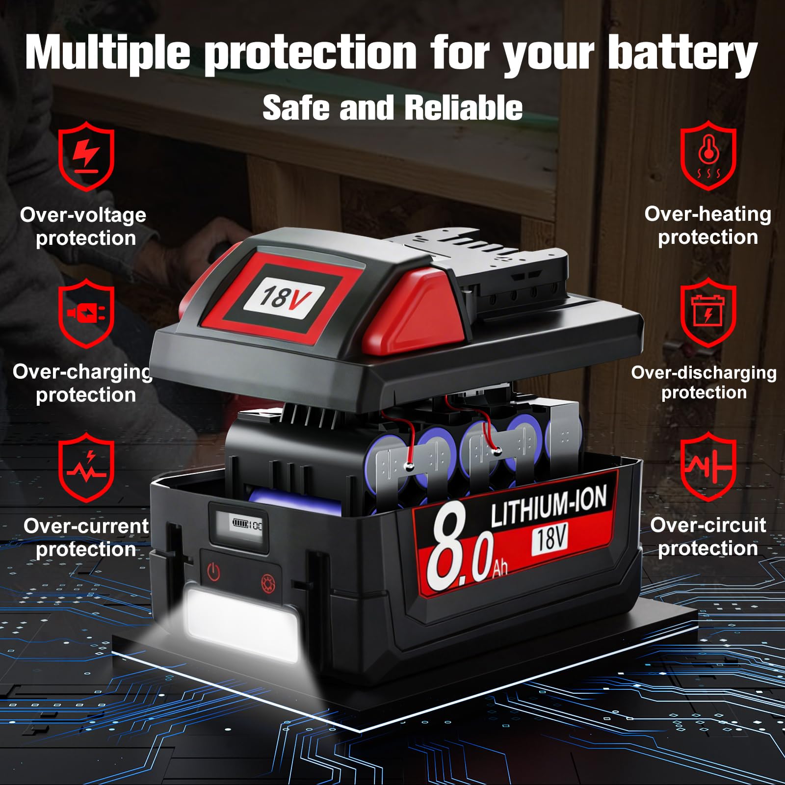 8.0Ah 18V Batterie pour Milwaukee M18, Port USB‑C PD 65W, Écran LCD