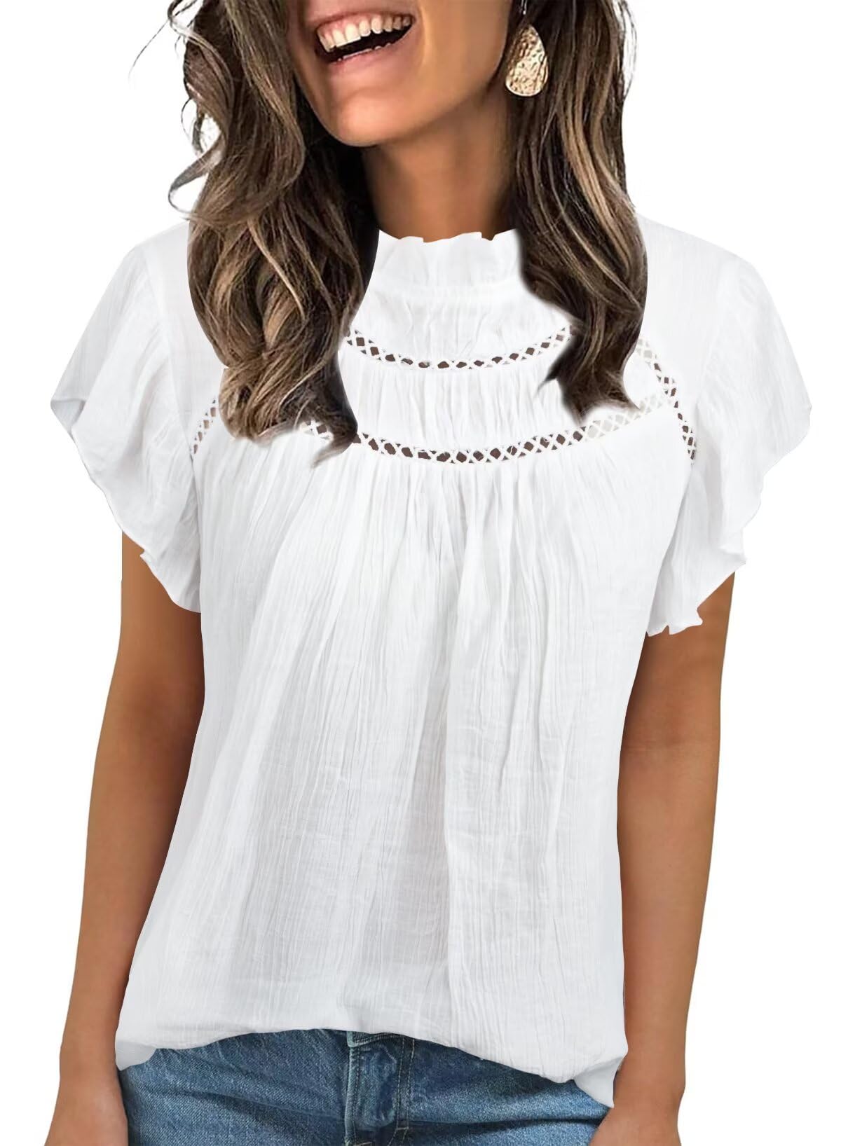 Blouses for Women Summer Tops 2025 Trendy Ruffle Sleeves Mock Neck T Shirts Pleated Front Loose Fit Work Blouse