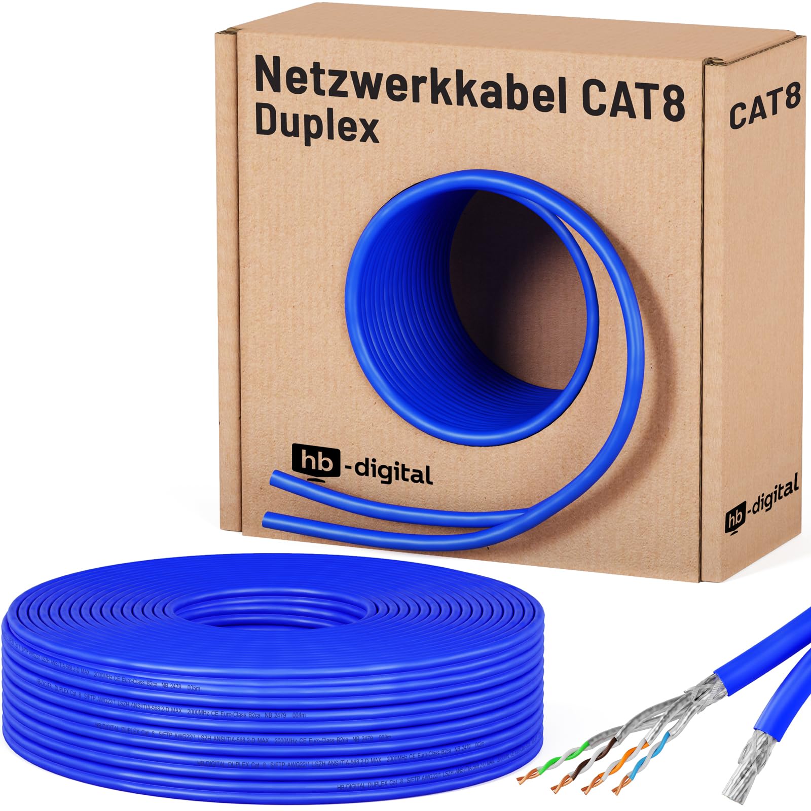 HB-DIGITAL Kabel sieciowy LAN 25 m kabel sieciowy LAN kabel instalacyjny Ethernet 40 Gbit/s AWG 22/1 czysta miedź S/FTP LSZH BauPVO klasa B2ca kabel do transmisji danych Duplex - niebieski