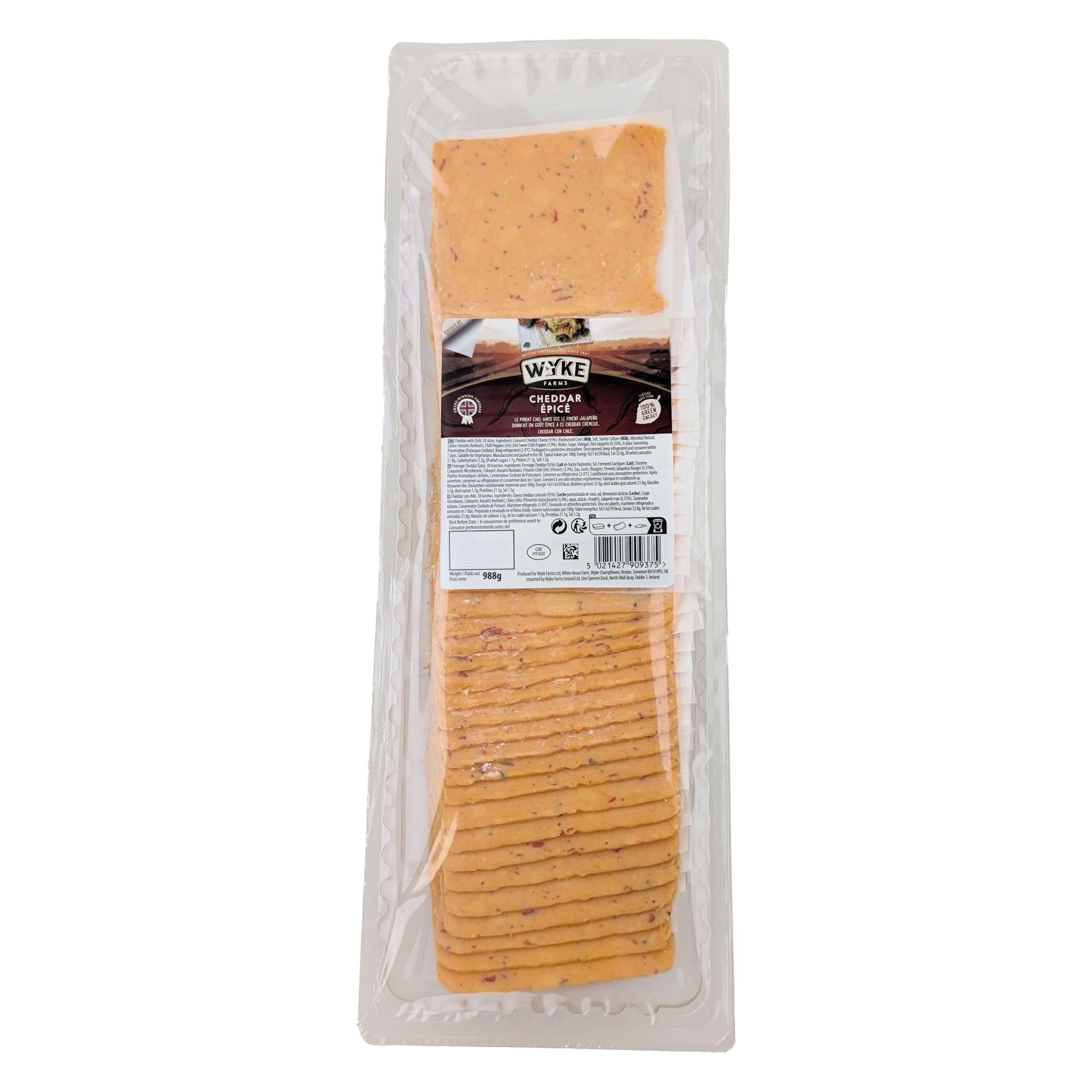 WYKE Spicy-CHEDDAR-KÄSE 38 Scheiben 2x 980g Großpackung cheddar cheese leicht scharf englischer Hartkäse ideal zu Toasties Burger Sandwiches Wraps Saucen Käseplatten