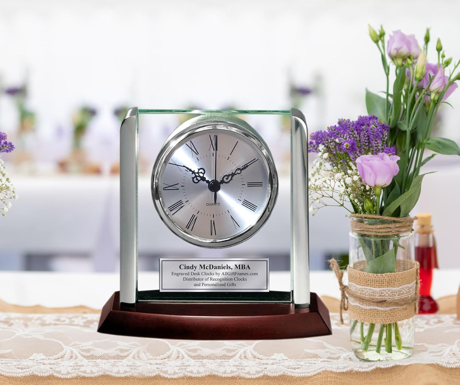 AllGiftFrames Engraved Clock with Silver Post Suspended on Acrylic Silver Engraving Plate Personalized Retirement Wedding Gift Employee Recognition Award Anniversary Service Employee Coworker Retire