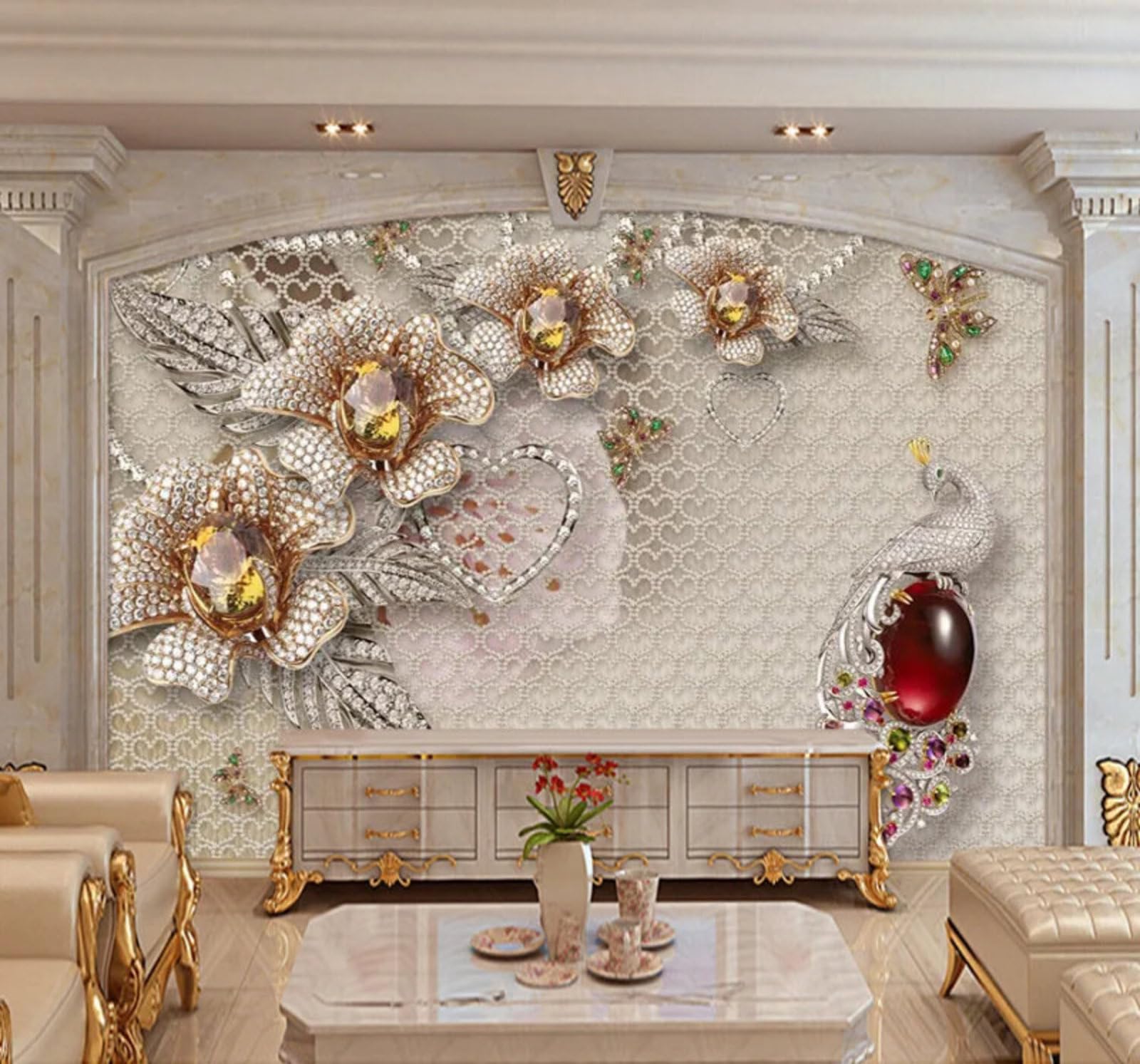 Xlming 430Cm×300Cm(B×H) Luxury Diamonds Crystals Peacocks Flowers 3D Wallpaper Silky Texture Home Study Office Grey Dining Room Sofa Bedroom Living Room Tv Backdrop-430Cm×300Cm