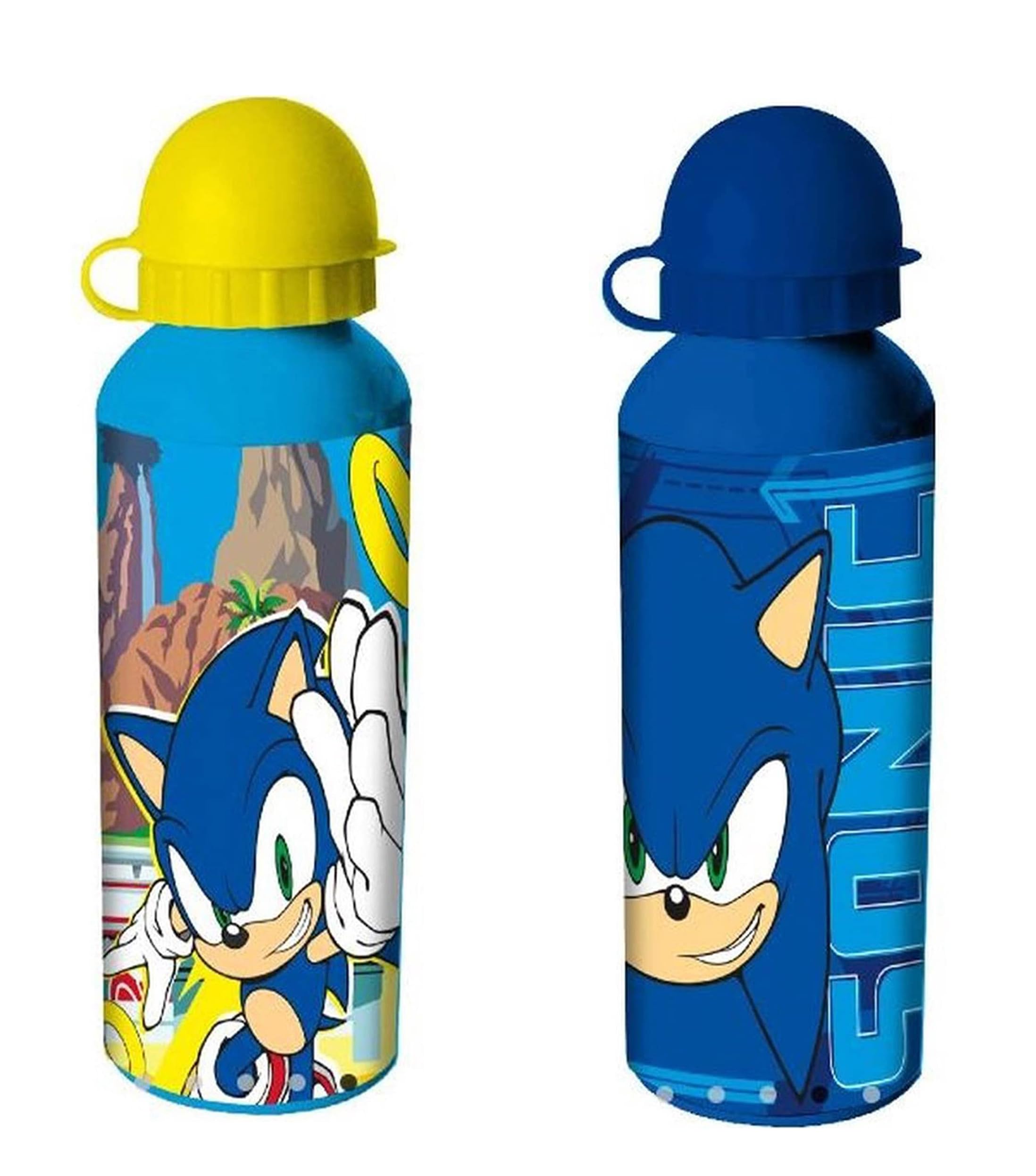 HOVUK 2Pcs Sonic Boys Water Bottles for School- 21cm| Reusable Kids Yellow and Blue Juice Bottles- 500ml| Aluminum Childrens Canteen Water Bottles 3+Y