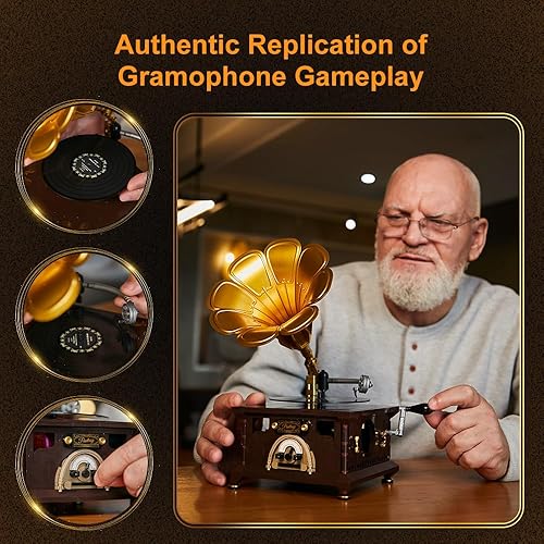 Miniatura 3 de PANTASY - Juego de construcción de fonógrafo retro, kit de construcción de caja de música de gramófono, juego de ladrillos de construcción de