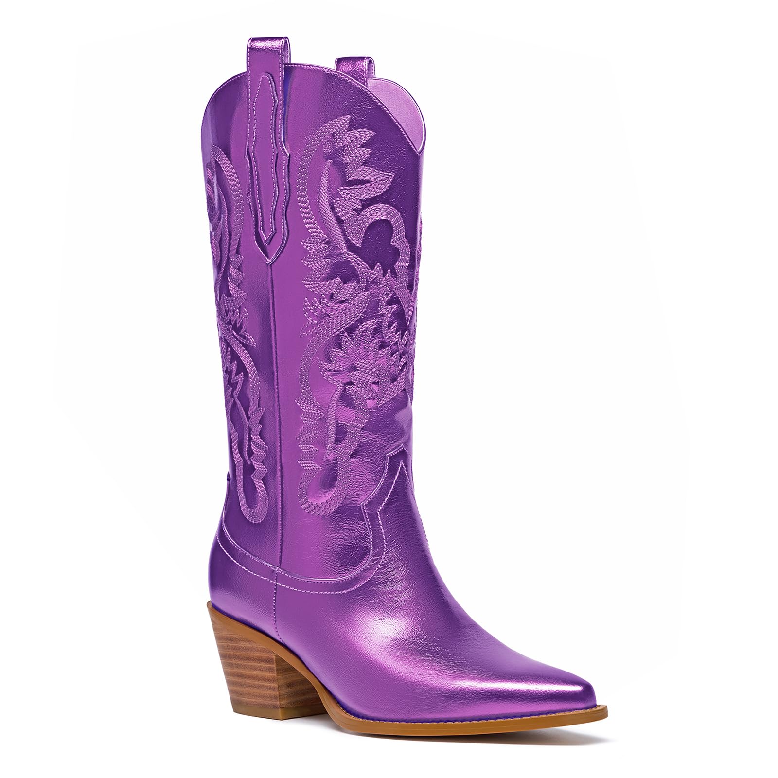 RKQ Womens Flag Mid Calf Cowboy Boots Chunky Block Heel Pull On Wide calf Metal Pointed Toe Western