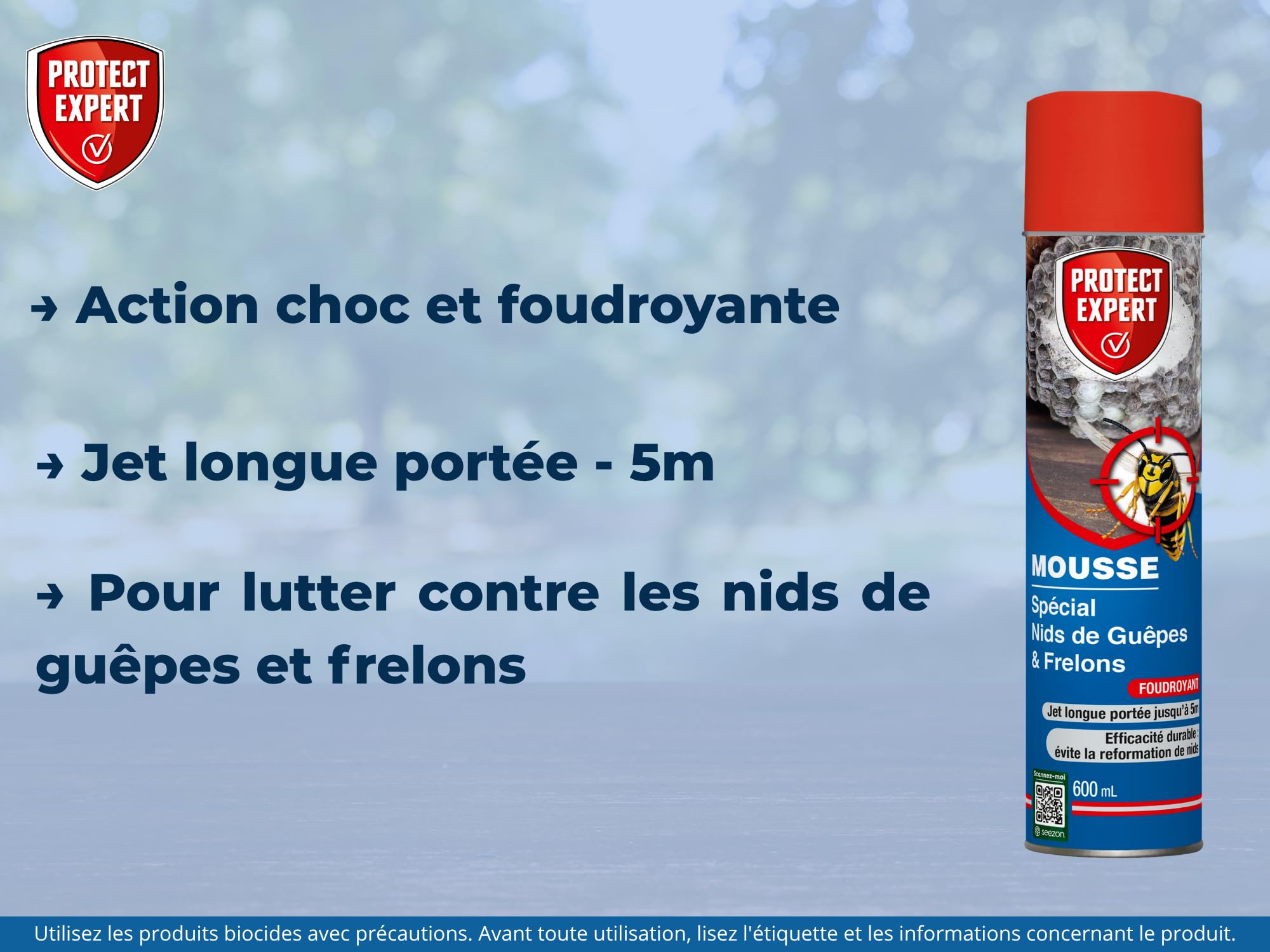 PROTECT EXPERT 4 Aérosols Anti-Guêpes & Frelons - Mousse - 4x600ml | Jet Longue Portée - Traitement à Distance - Pulvérisation Jusqu'à 3m - Action Choc & Foudroyante - GUEPMOUS600NX4