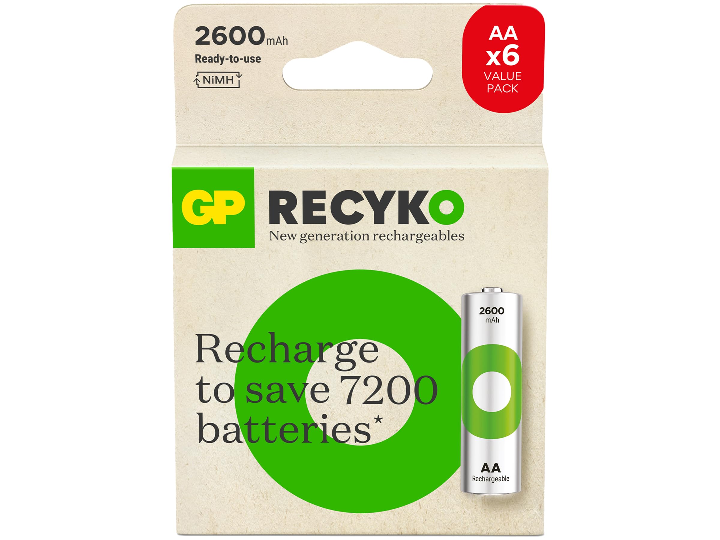 GP Batteries ReCyko 2600mAh AA Ni-Mh Rechargeable Battery 1 2 Volt Card 6