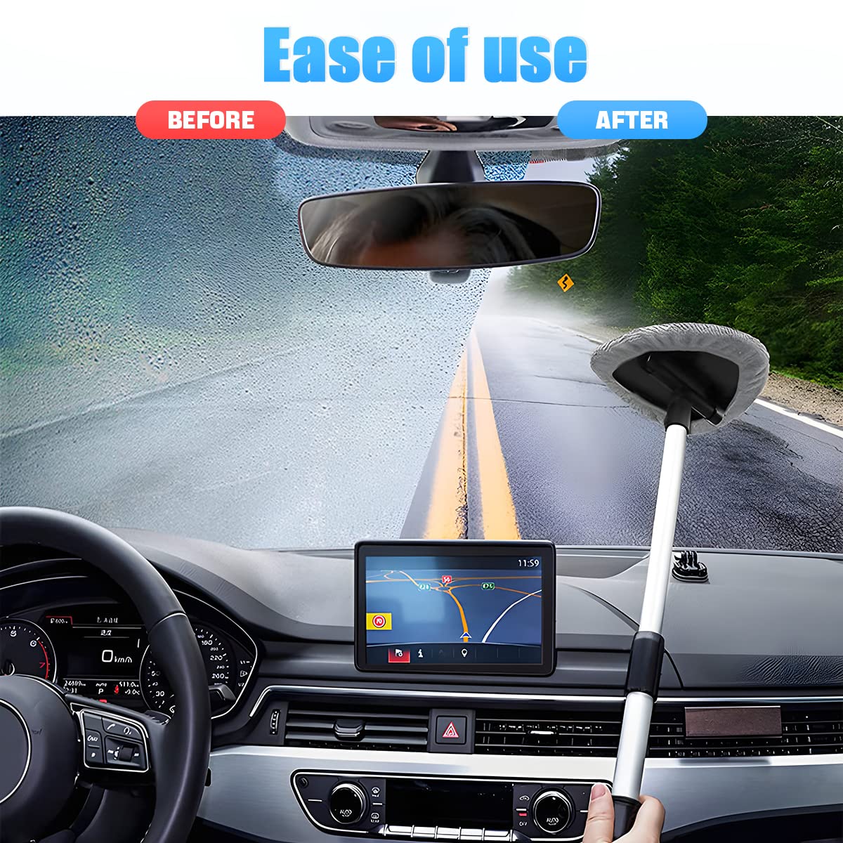 Nettoyeur Pare-brise Voiture Avec 4 Tampons Microfibre - Manche Télescopique 19-33.5cm - Rotation 180°