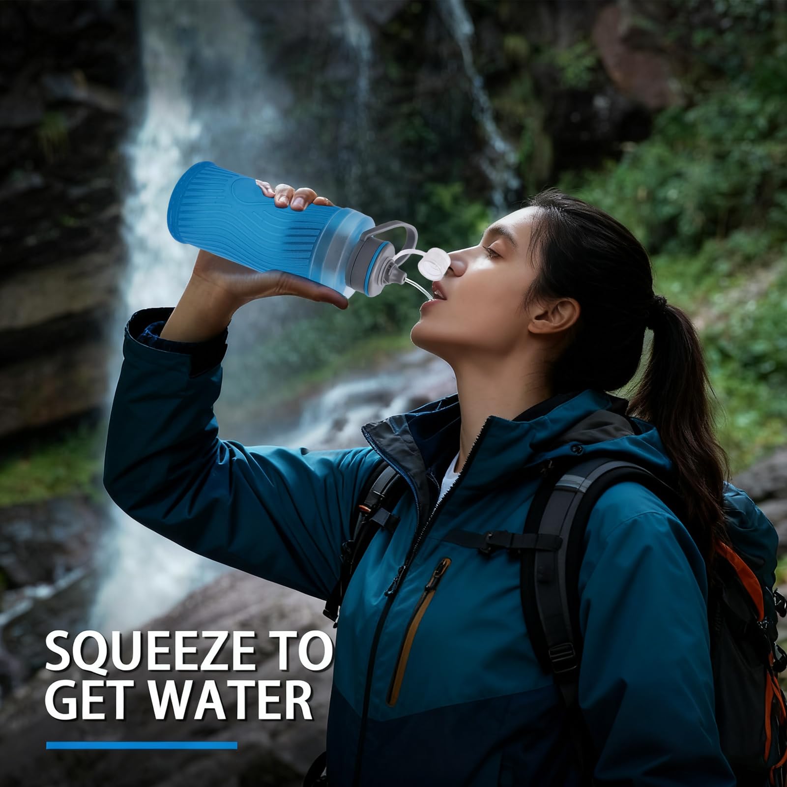 Sistema de filtro de agua plegable para botella exprimible – Estructura de TPU de 700 ml para incorpora una membrana de filtro y fibra de carbono activada para correr, senderismo, viajes