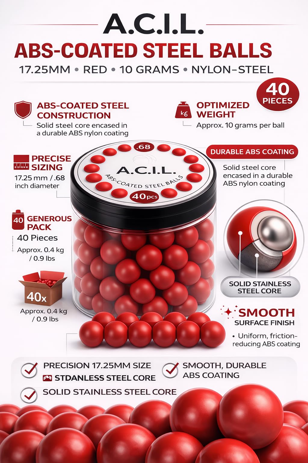 A.C.I.L. Lot de 40 billes en acier avec revêtement ABS 17,25 mm Rouge 10 g