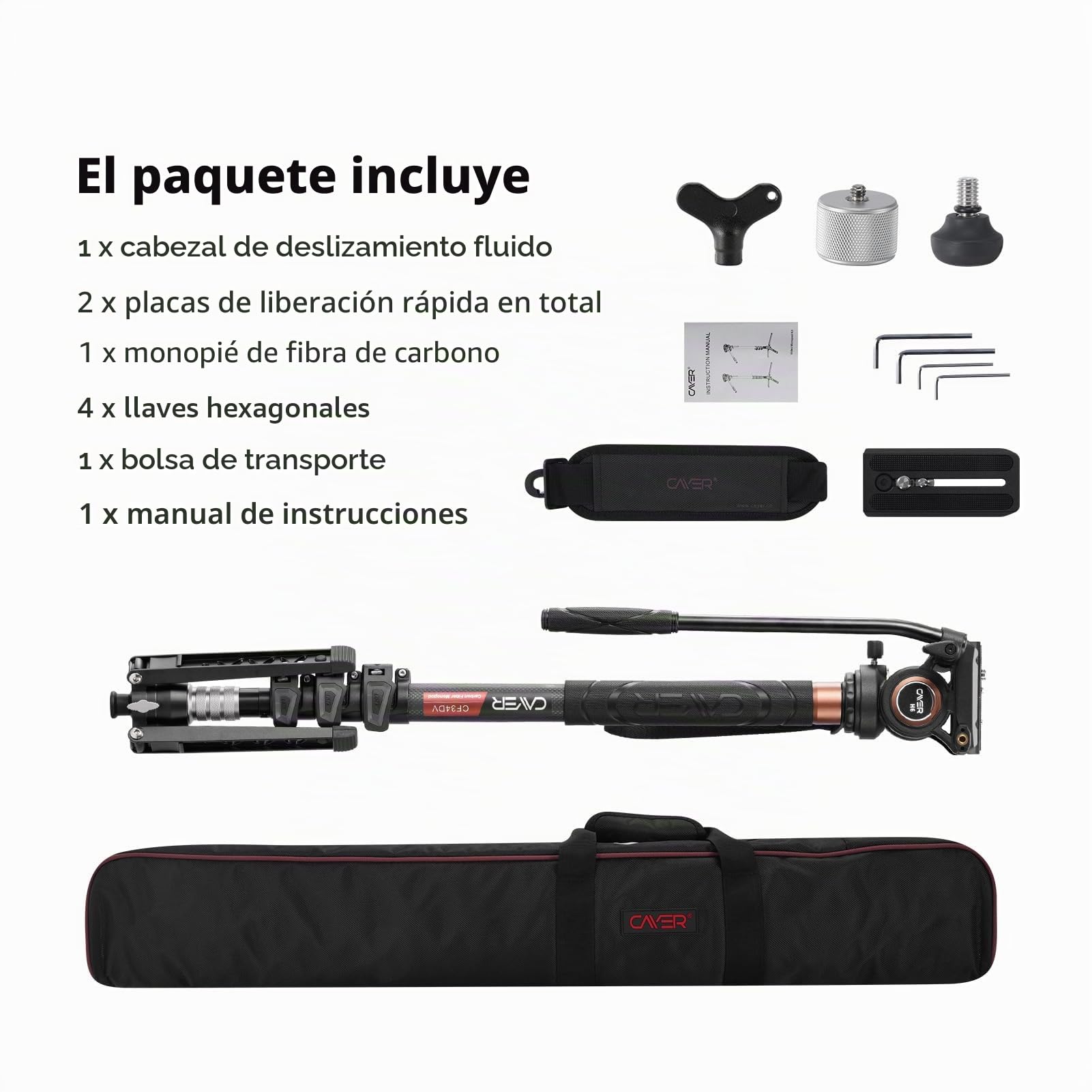 Cayer CF34DV Monopod para Video Profesional Cámara telescópica de Fibra de Carbono de 71 "Monopod con Cabezal de Movimiento de inclinación Horizontal y Base de trípode de 3 Patas