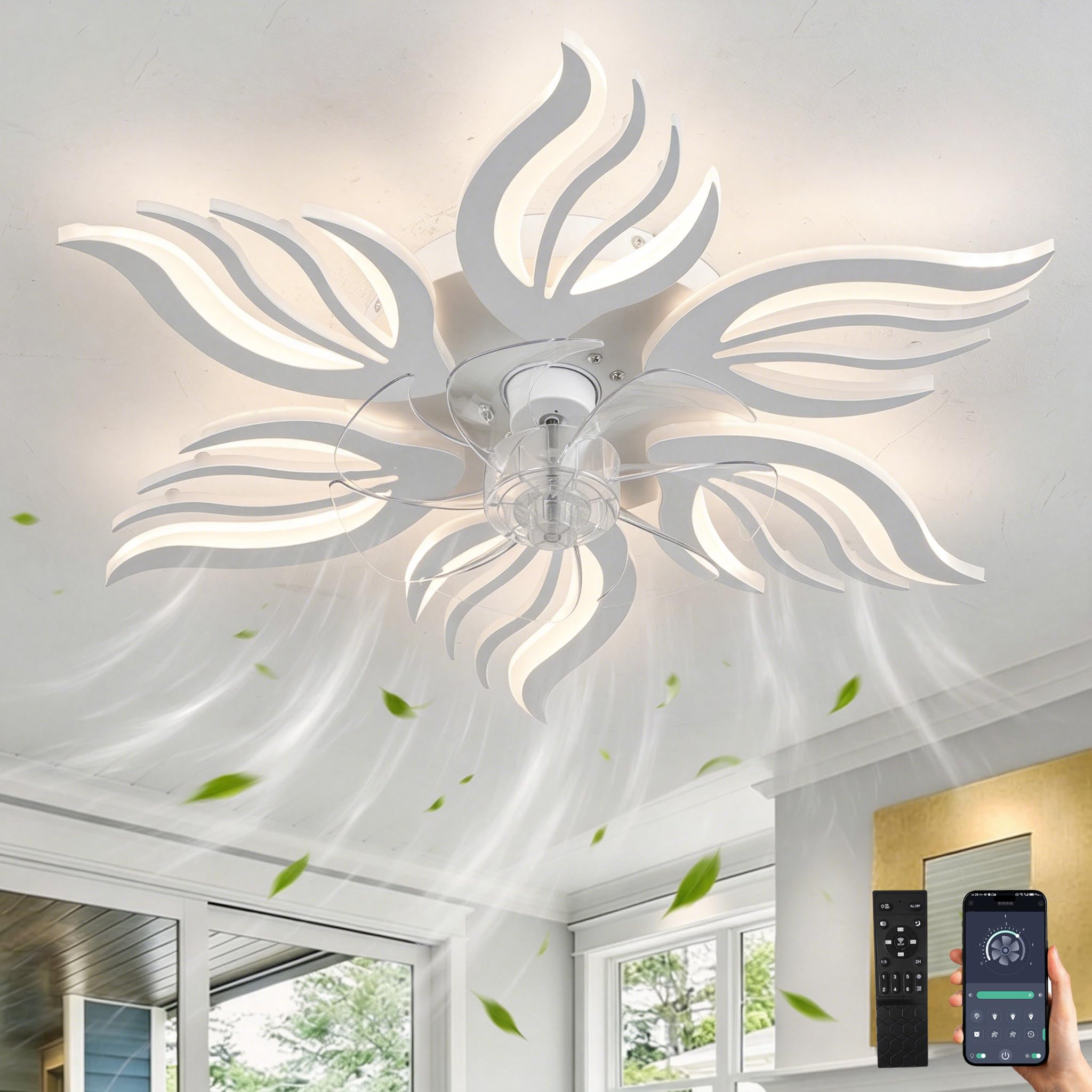 Ceiling Fan Lights for Bedroom with Remote Control APP,LED Dimmable Fan and Light Ceiling with Memory Function,6 Speed Reversible Flower Ceiling Fans with Lights with Timer for Living Room, White