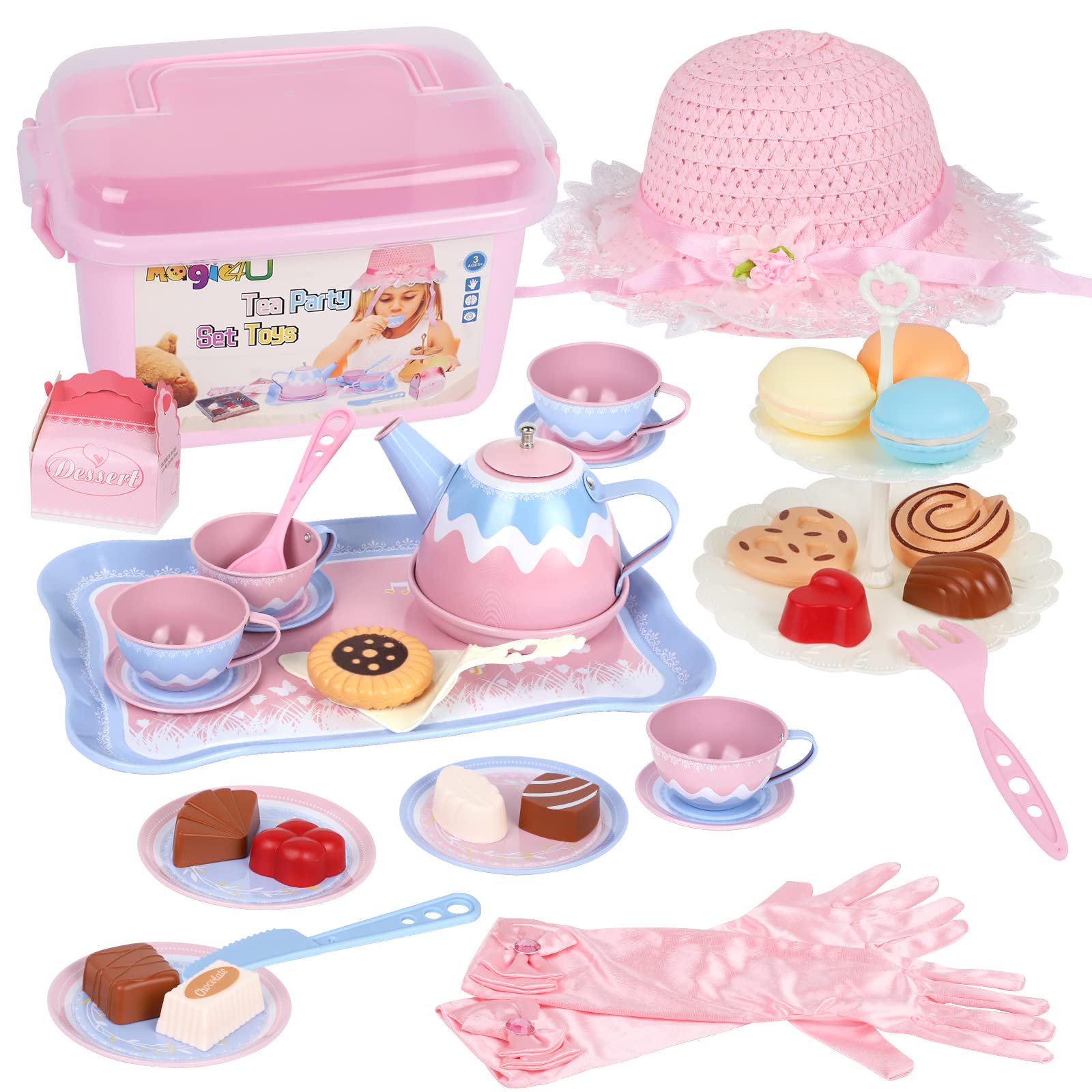50PCS Tea Party Set for Little Girls,Kids Pretend Tin Tea Toy,Food Sweet Treats Playset,Gloves,Hat and Carrying Box,Princess Tea Time Kitchen Pretend Play Tea Set Toys for Toddlers Age 3 4 5 6