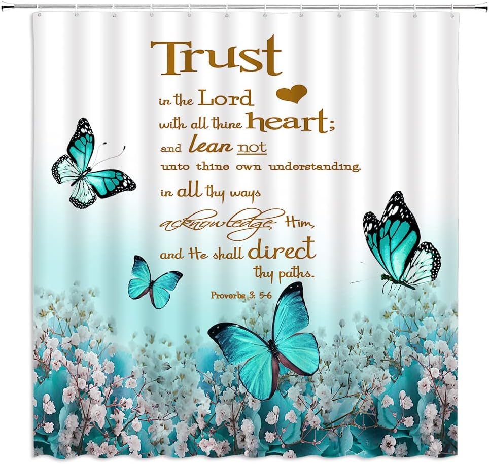 GCTNBJL Inspirational Quote Shower Curtain Teal Flower Butterfly Trust in The Lord Motivational Words Nature Creative Rustic Bathroom Decor Fabric Curtain with Hooks