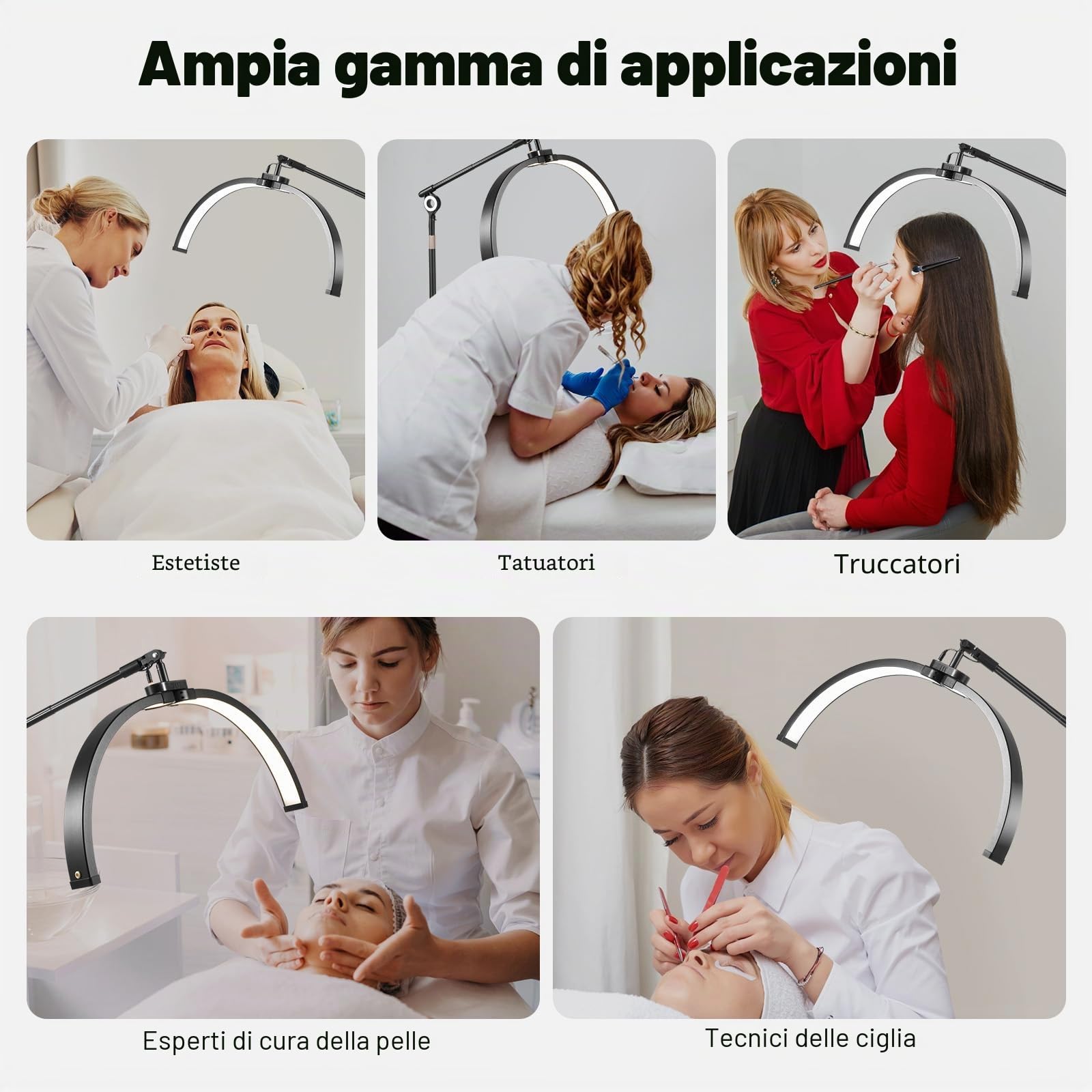 Lampada a mezzaluna, 40 W, LED da pavimento, luce a mezzaluna, angolo di rotazione di 350°, lampada cosmetica regolabile, 7 livelli di temperatura di colore e 10 livelli di luminosità