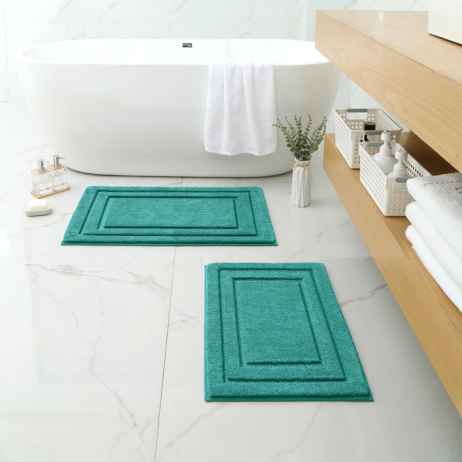 HOMEIDEAS Lot de 2 tapis de salle de bain super doux et absorbants, en microfibre antidérapante, lavable en machine (50,8 x 81,3 cm + 40,6 x 61 cm, bleu sarcelle)