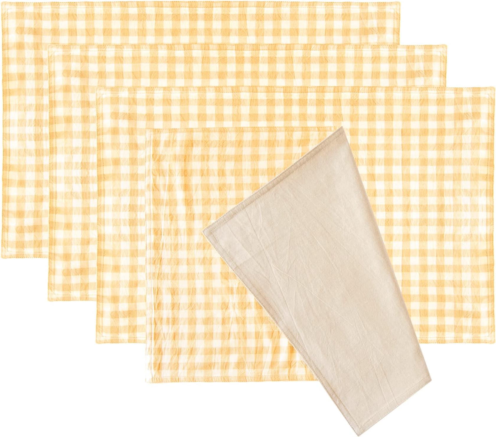 MONDAY MOOSE Gingham Checkered Plaid Farmhouse Rustic Style Decoration Rectangle Natural Reversible Stonewashed Cotton Placemats, Set of 4 Tabletop for Kitchen, Dining Room (12x18 inch, Yellow/Beige)