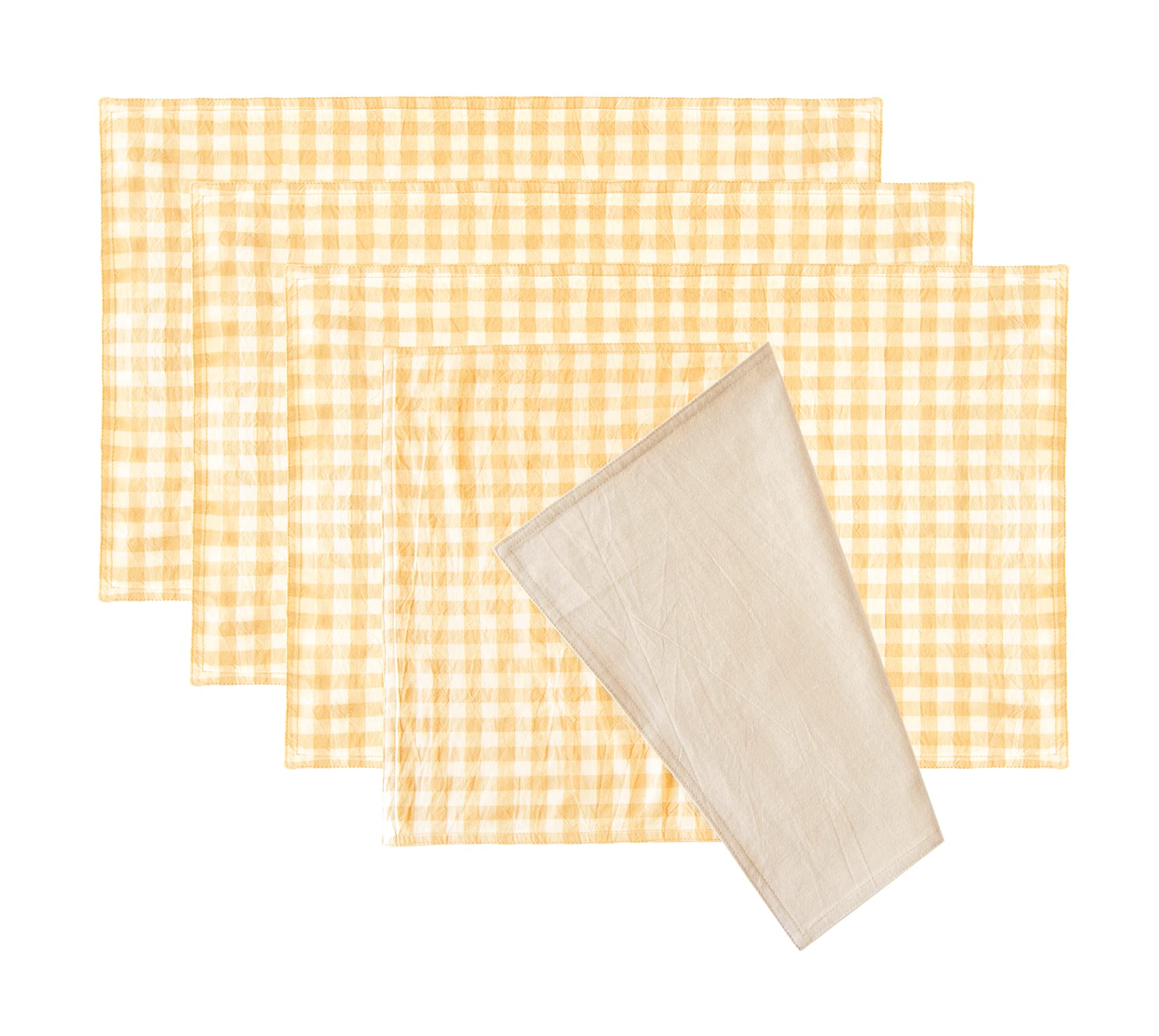 MONDAY MOOSE Gingham Checkered Plaid Farmhouse Rustic Style Decoration Rectangle Natural Reversible Stonewashed Cotton Placemats, Set of 4 Tabletop for Kitchen, Dining Room (12x18 inch, Yellow/Beige)