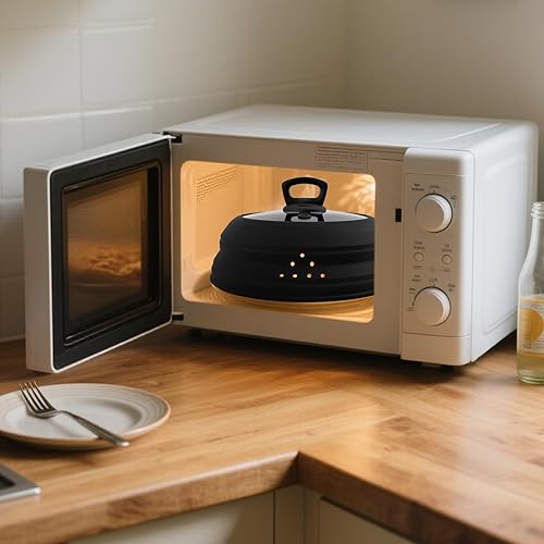 Miniatura 6 de Cubierta de vidrio para salpicaduras de microondas de 10.5 pulgadas, cubierta de microondas para alimentos con asa, cubierta plegable de silicona