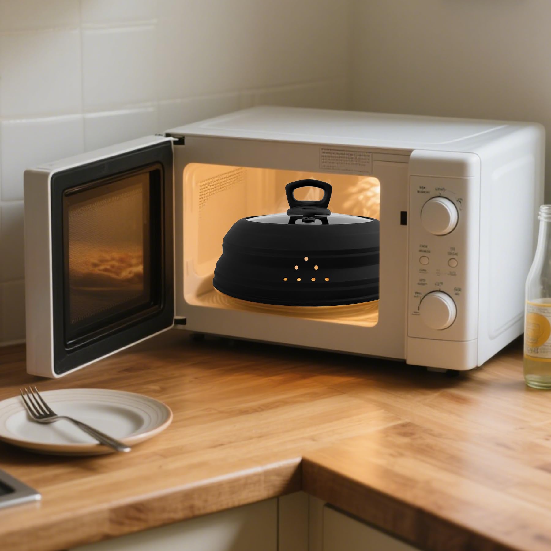 Couvercle anti-éclaboussures pour micro-ondes en verre de 26,7 cm avec poignée, couvercle pliable en silicone pour micro-ondes avec aération de vapeur pour assiette, casserole, bol (noir)