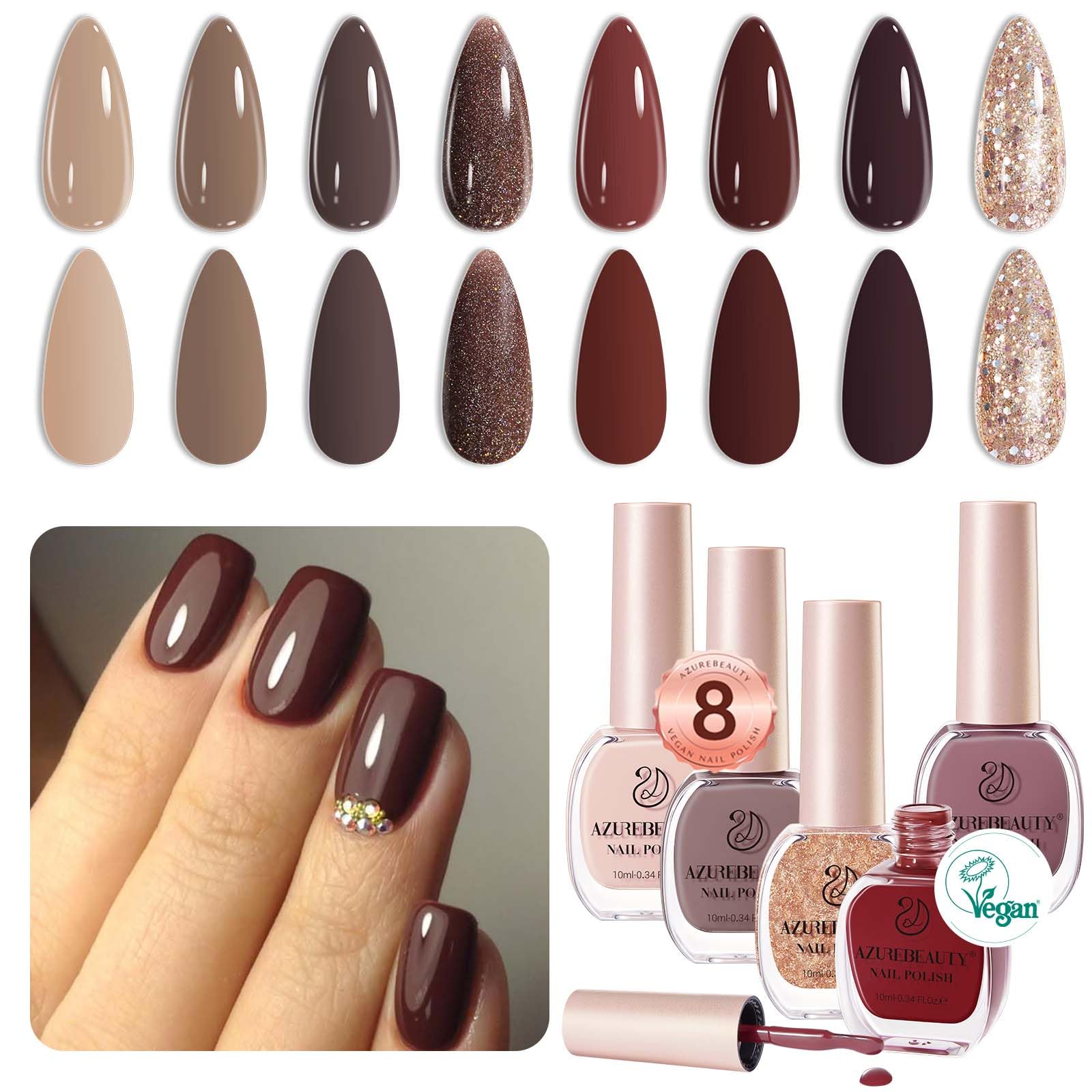 AZUREBEAUTY 8 Colors Brown Nude Glitter Nail Polish Set, Quick-Dry Perfect for Women Manicure Nail Art DIY Salon