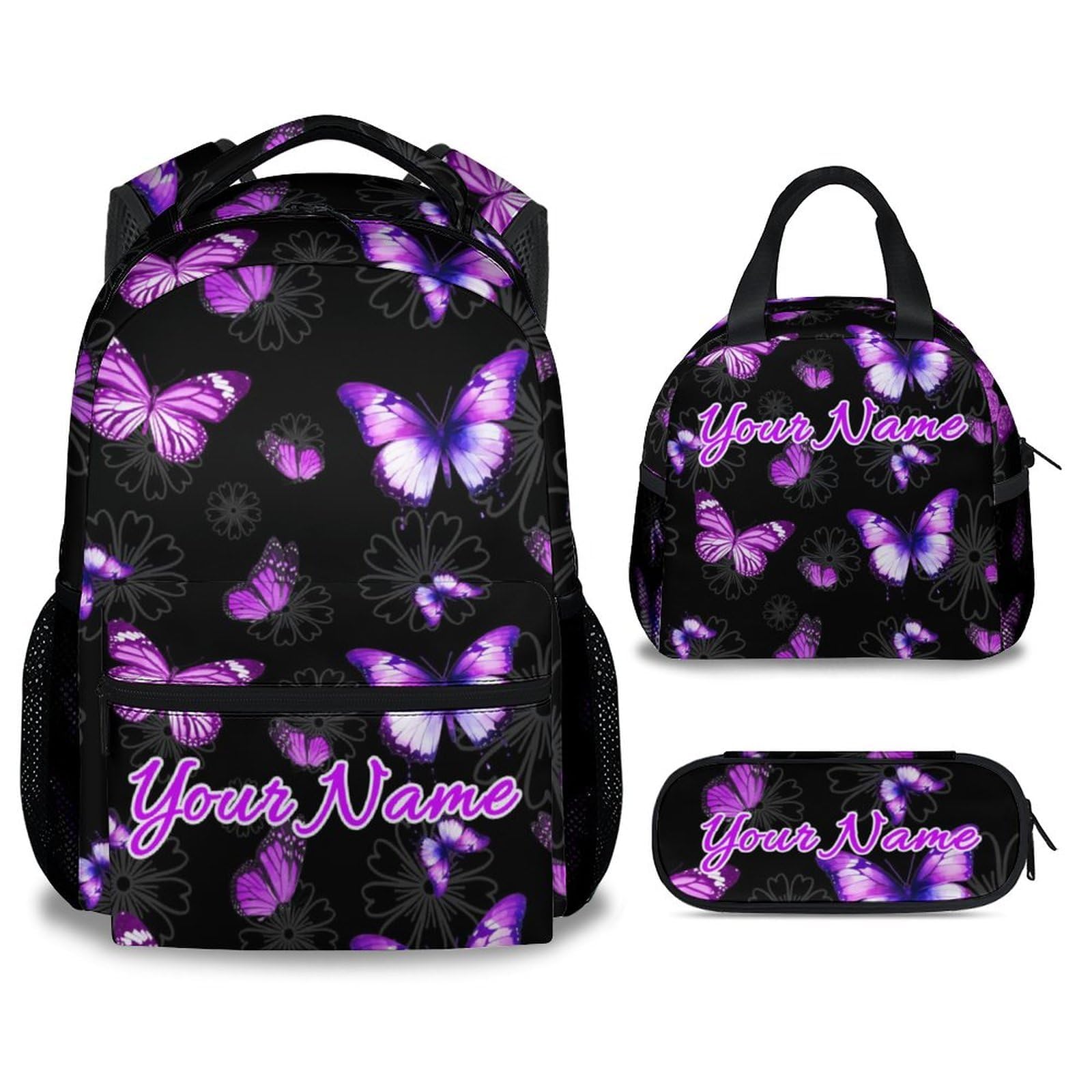 Personalized Girls Butterfly Backpack with Lunch Box - Set of 3 Custom School Backpacks Matching Combo - Fashion Black Bookbag and Pencil Case Bundle