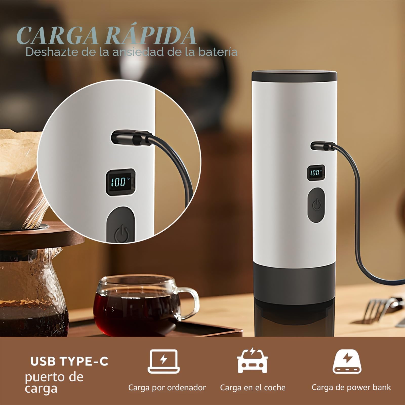 3 En 1 Cafetera Portátil de Café 15 Bares - Cafetera de Espresso de 72W con Cápsulas/Máquina de Espresso Eléctrica USB con Calentamiento Rápido | Depósito de Agua de 90ml | Para Viaje/Oficina