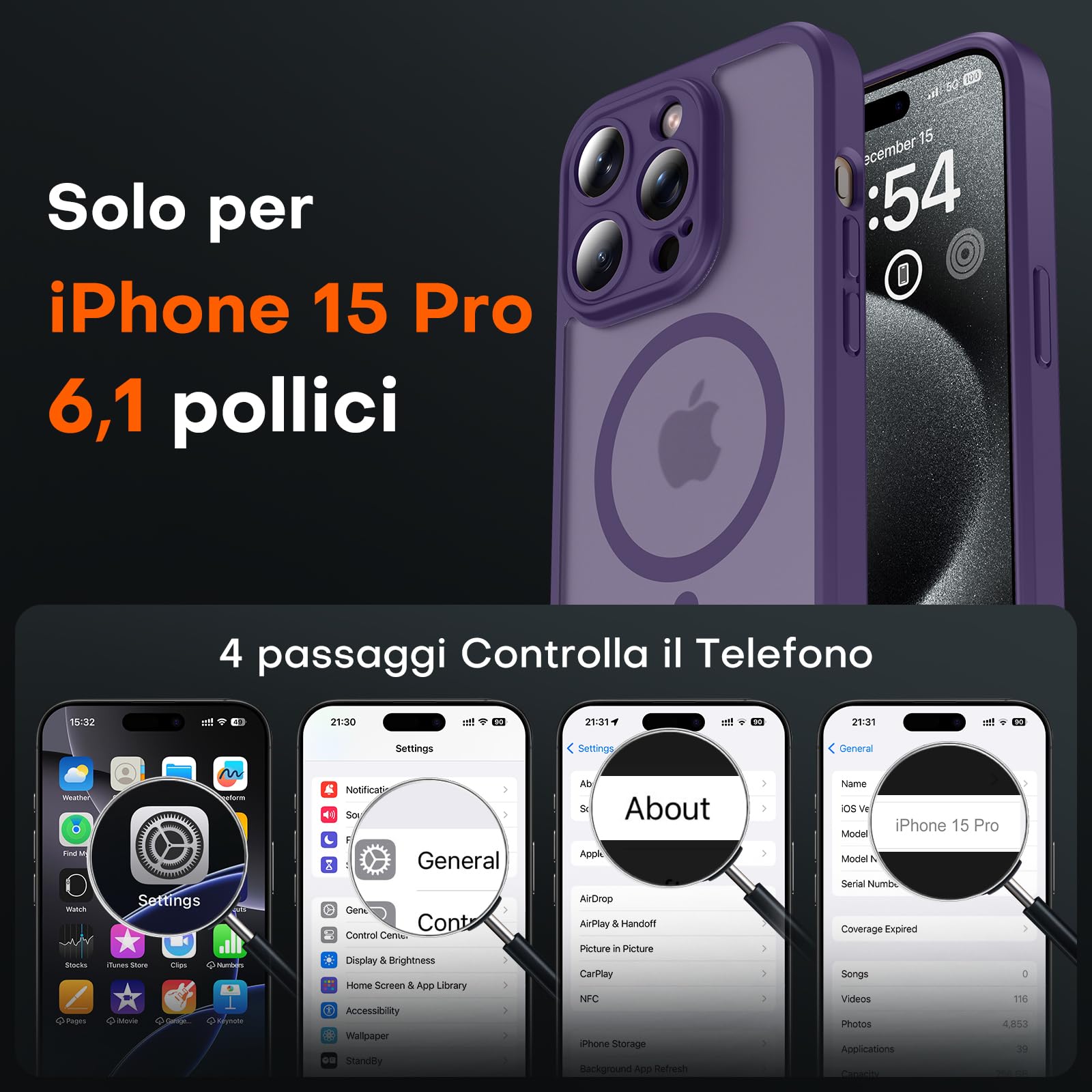 TOCOL Cover Magnetica per iPhone 15 Pro 6,1 Pollic, Compatibile con MagSafe, Protezione Fotocamera Integrata, Custodia Antiurto Traslucida Opaca, Viola Intenso