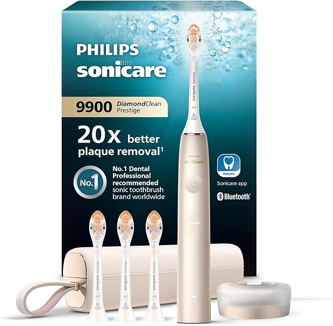 Philips Sonicare DiamondClean 9900 Prestige cepillo dental eléctrico, con tecnología SenseIQ y aplicación, 5 modos de cepillado, estuche de viaje con carga, color champán, modelo HX9992/44