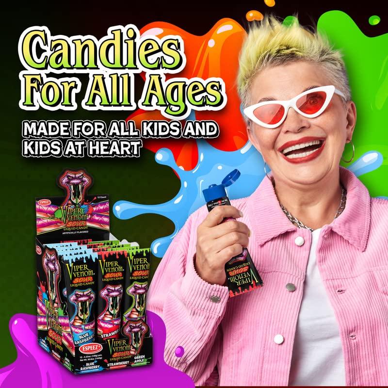 Miniatura 7 de Viper Venom - 12 tubos de caramelo líquido para apretar empaquetados individualmente incluye 3 sabores frambuesa azul fresa y manzana verde