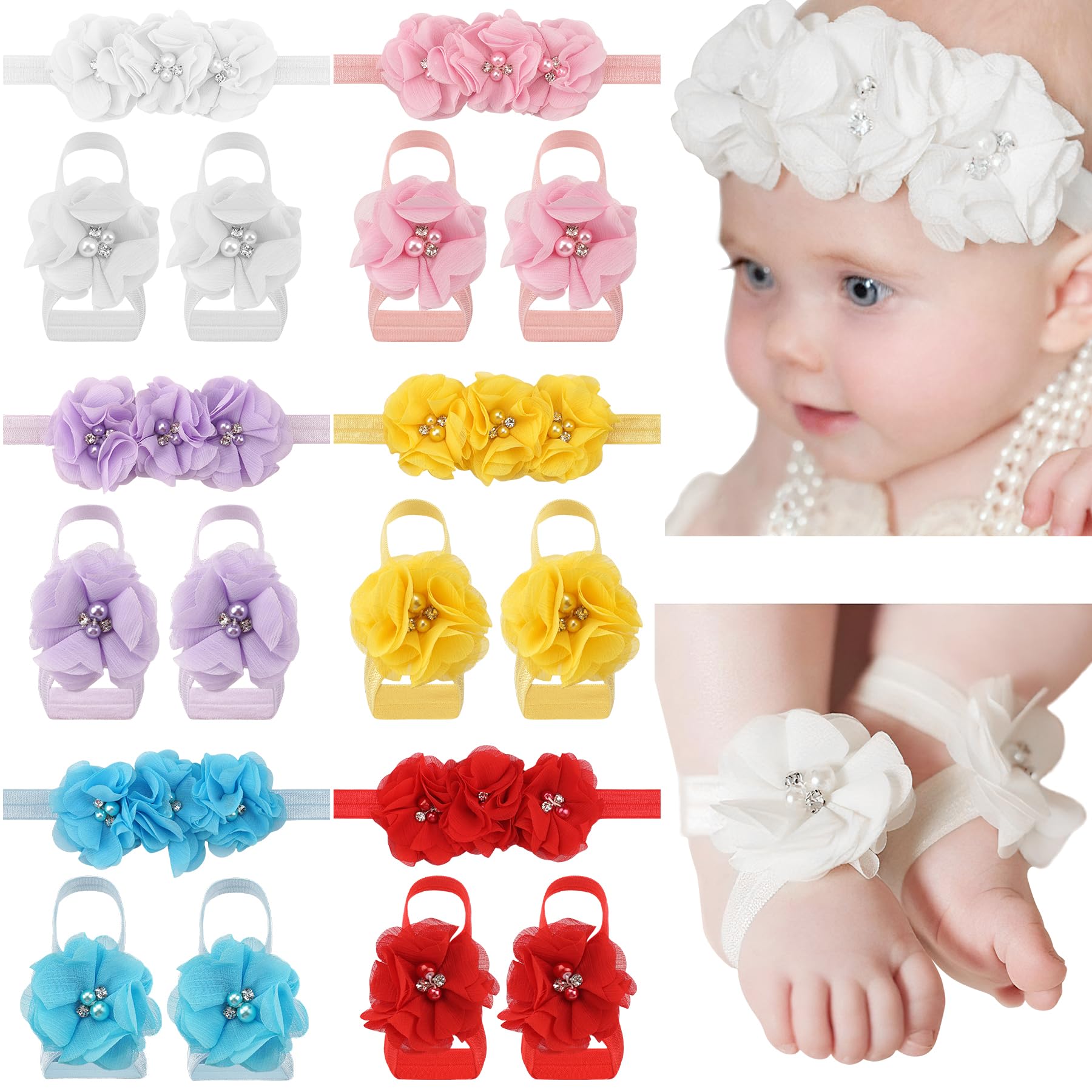 CellElection6 Colors Baby Girls Flower Headbands, Barefoot Sandals, Pearl Hairbands & Foot Bands for Newborns, Infants, Toddlers