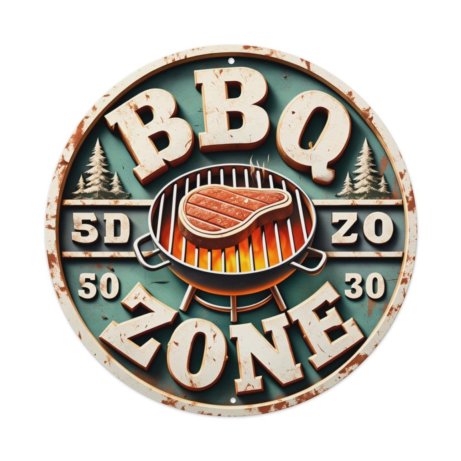 Bbq Zone Grill Steak Pine Round Tin Sign Retro Metal Sign for Cafe Bar Pub Home Game Room Gym Club Wall Decoration Vintage Metal Poster 8x8 Inch