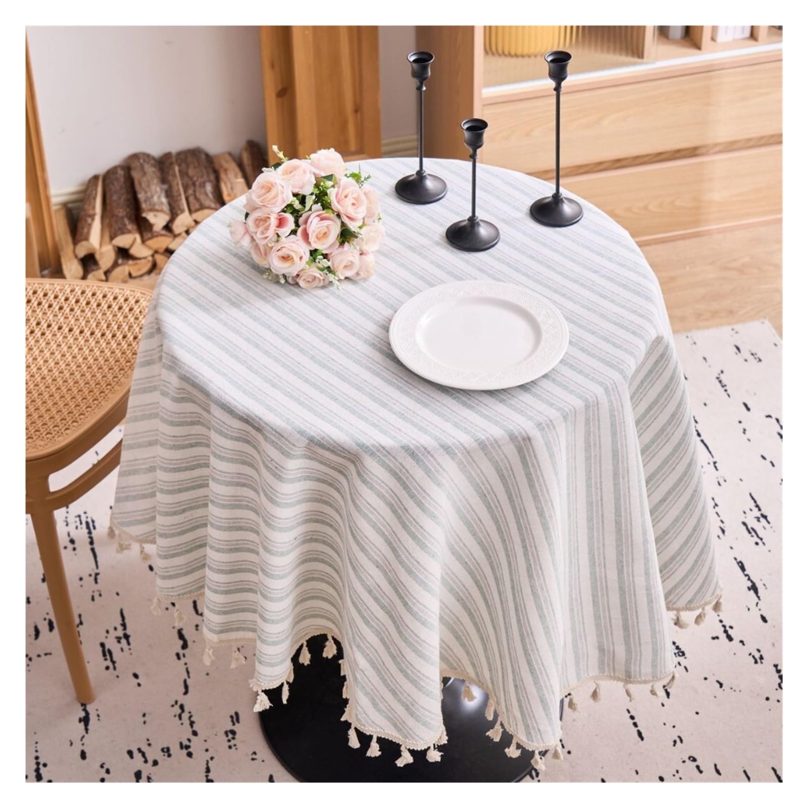 DYYEUAVT Striped Tassel Round Dining Tablecloth
