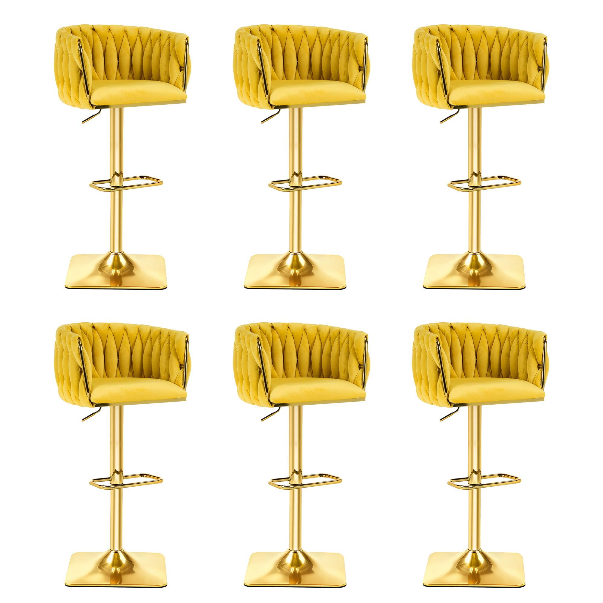 FaFaSoGoodFa Modern Bar Stools Set of 6, Swivel Counter Height Barstools with Woven Back and Gold Metal Frame, Velvet Upholstered Adjustable Single